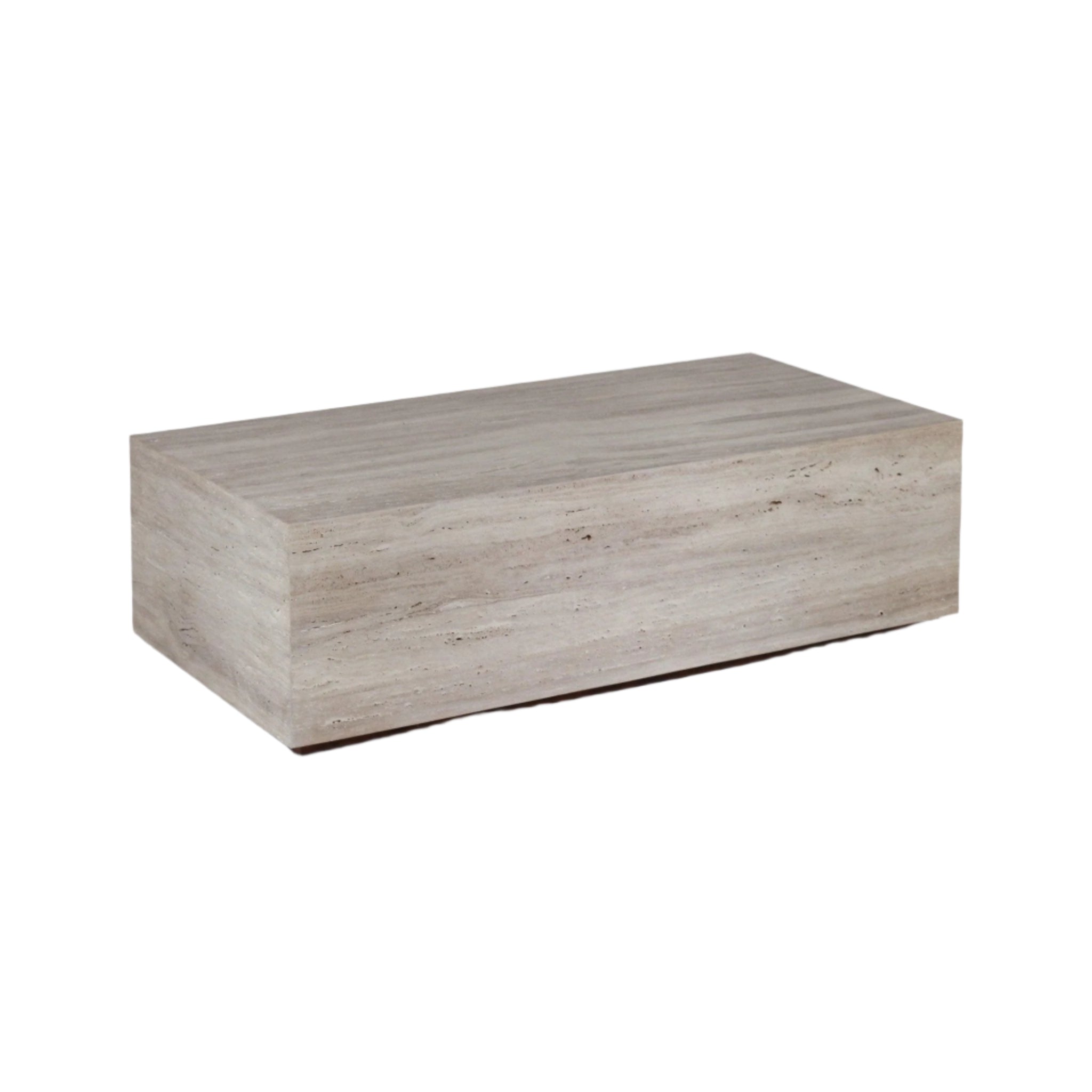 Rectangular coffee table in natural beige travertine, presented as a low solid-block form with clean modern lines and subtle horizontal veining.