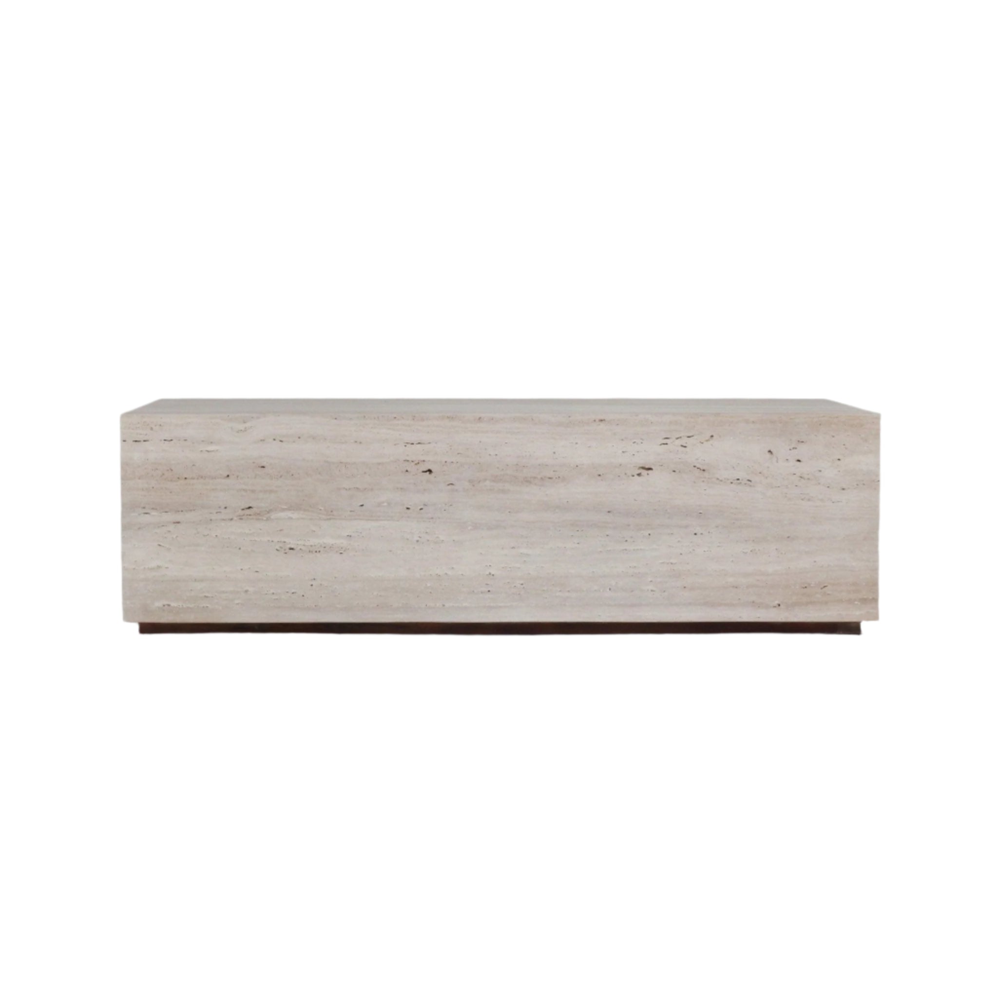 Low rectangular coffee table made from natural beige travertine with a clean block silhouette and a thin dark wood plinth base in a modern, contemporary style.