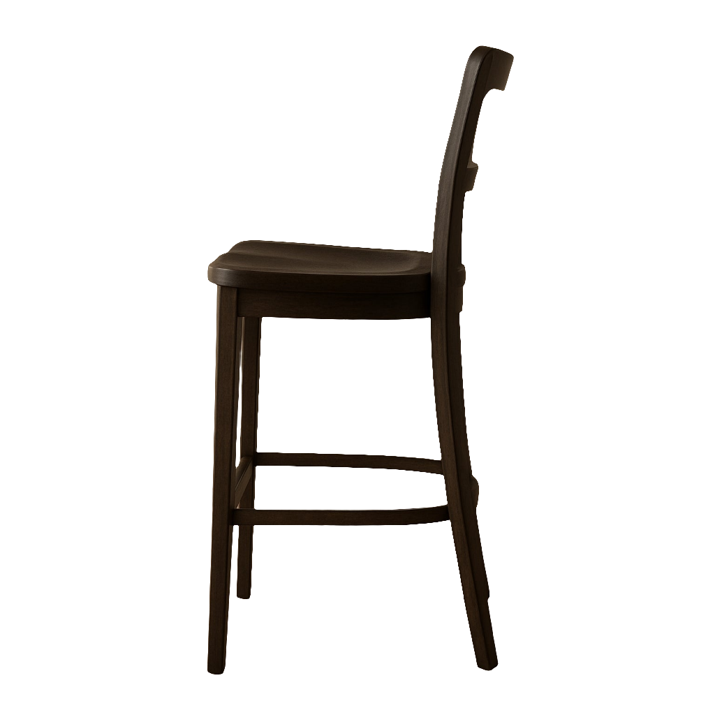 Side profile of an armless mahogany solid-wood counter-height stool with a contoured seat, curved full back and double footrest rails, in a modern farmhouse style.