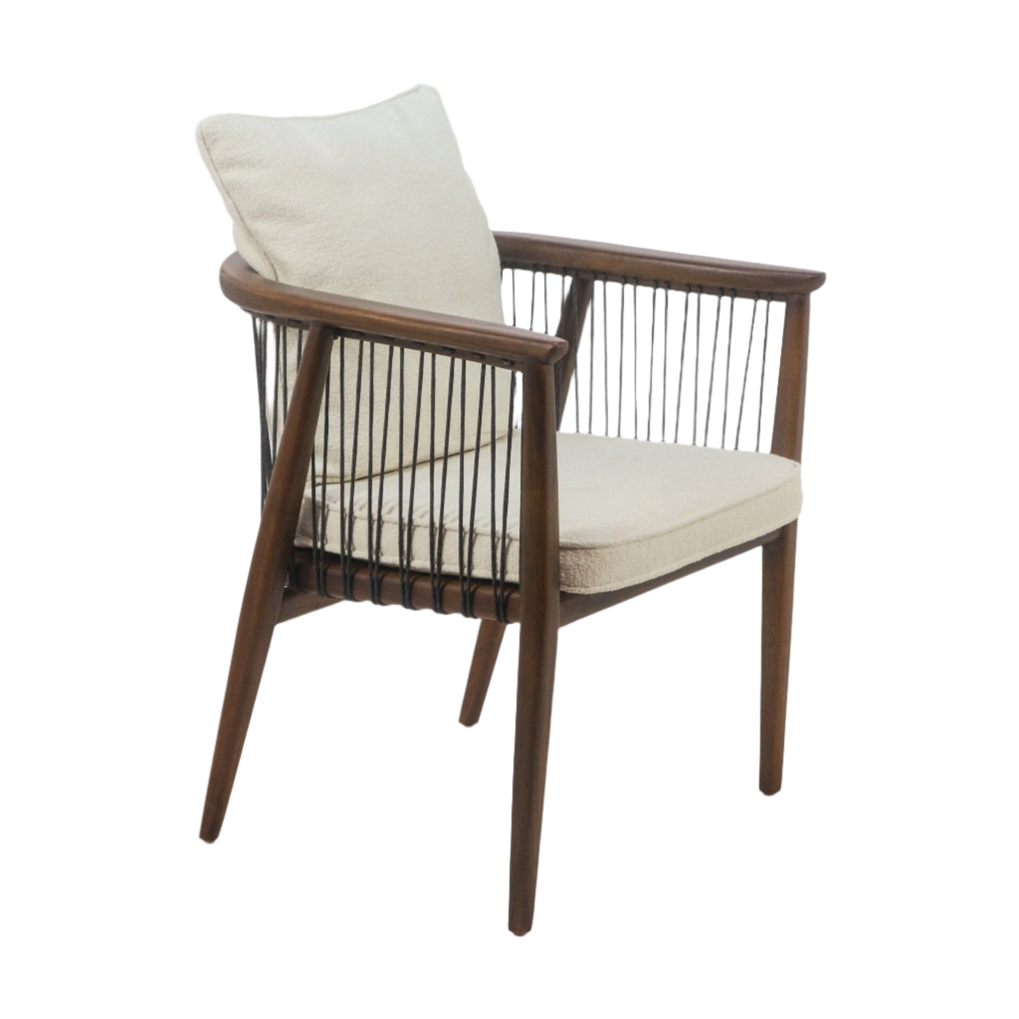 Contemporary mahogany dining chair with cream boucle seat and loose back cushion, tapered wooden legs, slim armrests and black rope-wrapped vertical slats forming open sides.