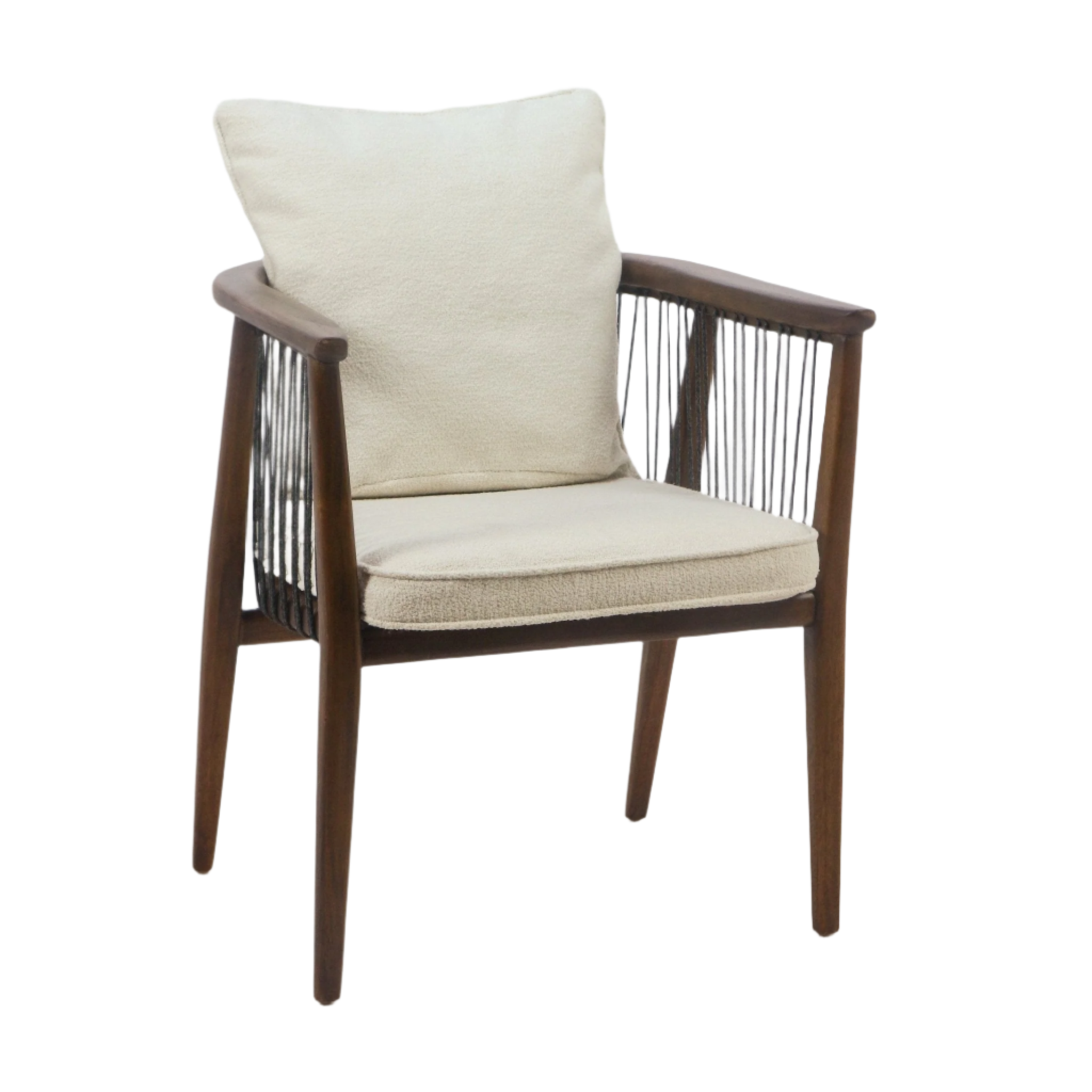 Cream boucle-upholstered dining chair with a mahogany solid wood frame, black rope-wrapped arm panels, tapered legs and cushioned seat with loose back pillow in a modern contemporary style.