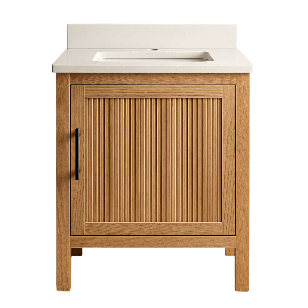 Front view of a 24-inch freestanding single-sink bathroom vanity in natural solid wood with a vertical ribbed cabinet door, matte black bar handle, and a stone-colored countertop with integrated rectangular sink and backsplash.