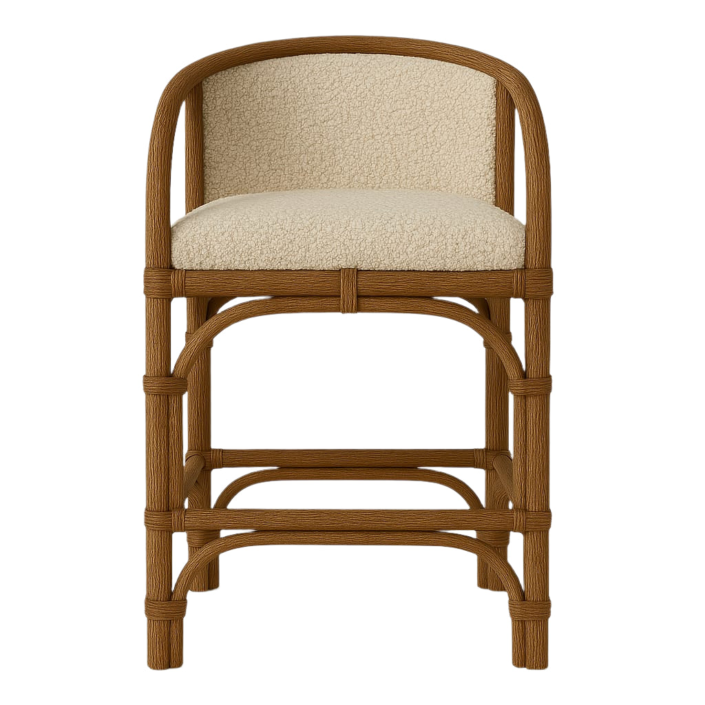Front view of a counter stool with a teak rattan-effect frame and curved arms, featuring a cream boucle upholstered seat and matching backrest.