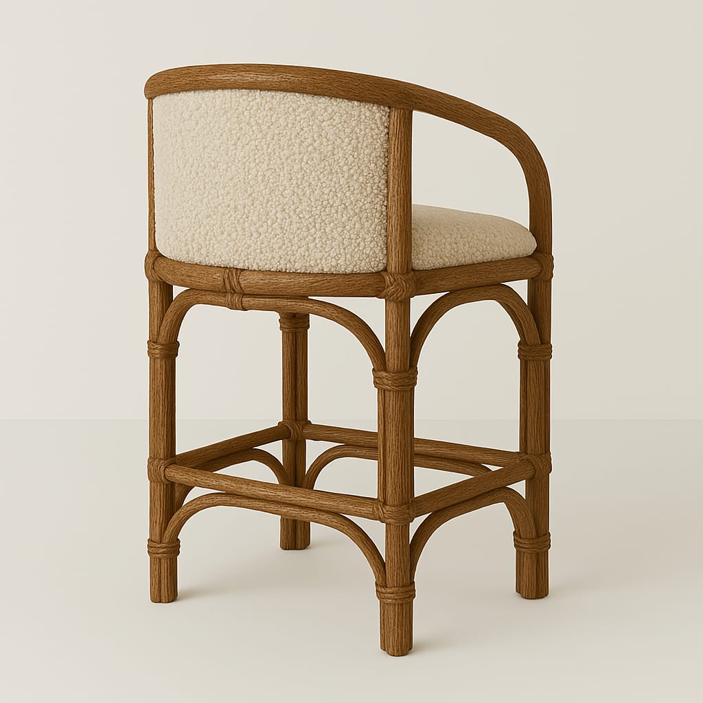 Cream boucle upholstered seat and curved back set in a teak-colored rattan-effect frame with wrapped joint details, arched stretchers and square legs, shown on a neutral background.