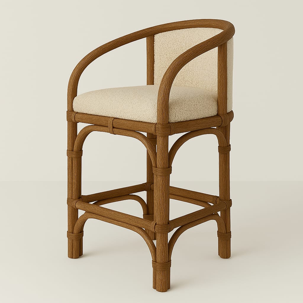 Counter stool with cream boucle-upholstered seat and low back set in a curved teak rattan-effect frame with wrapped joints and integrated footrest, a boho-contemporary design for kitchen islands or counters.