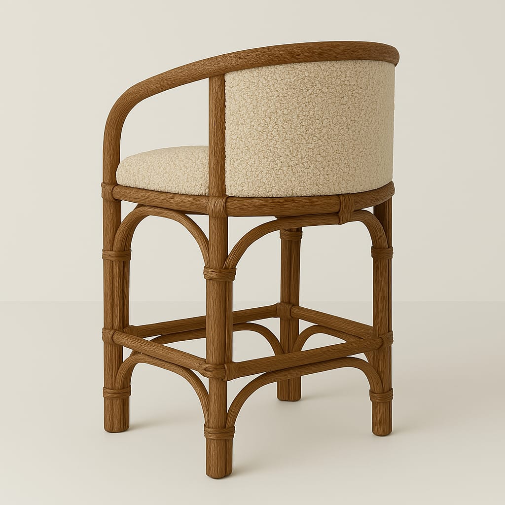 Cream boucle-upholstered counter stool with a curved teak-colored rattan-effect frame, arched supports and square footrest, shown from the back and side.