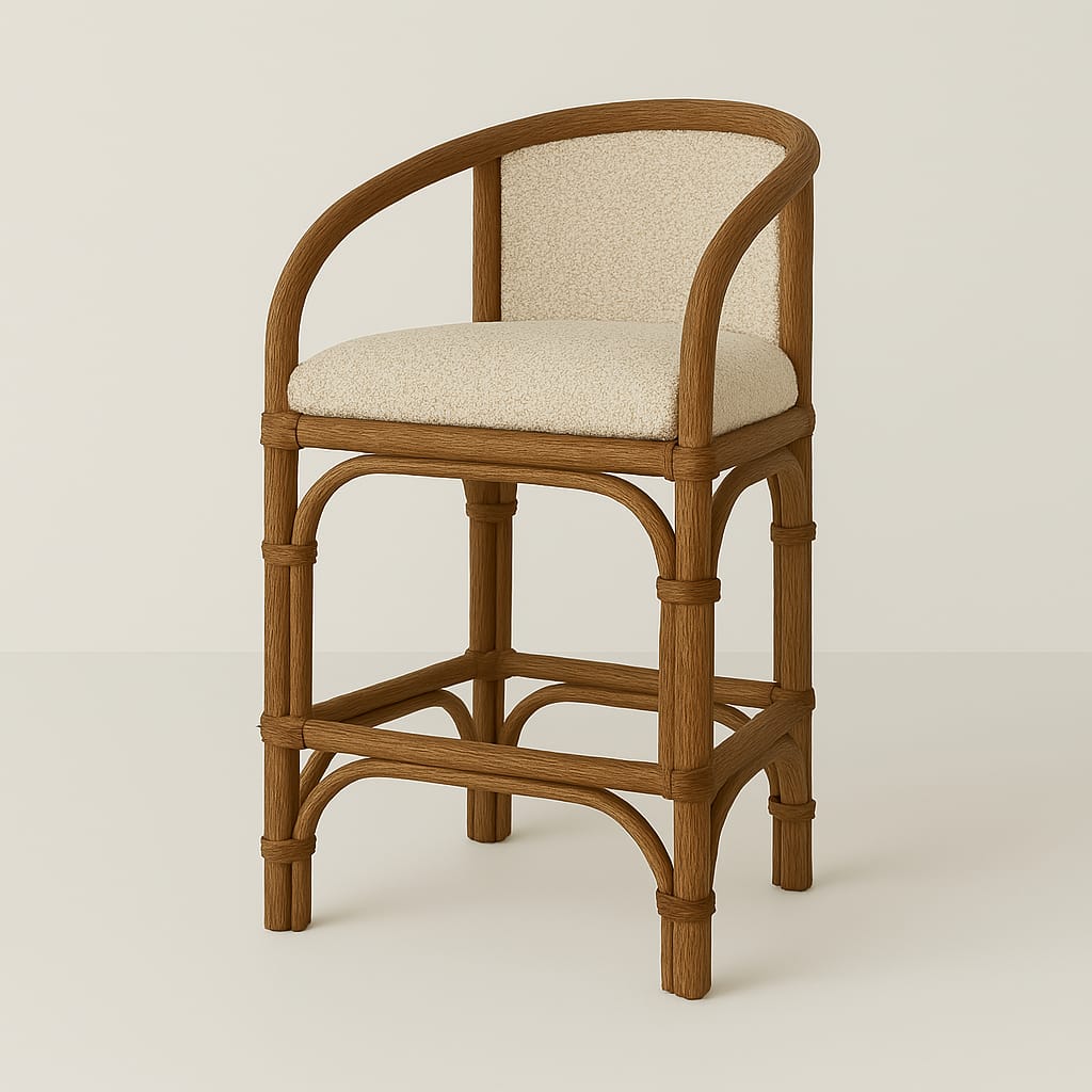 Cream boucle-upholstered seat with a wraparound back on a teak-colored rattan-effect frame featuring curved arch supports, shown as a counter stool on a neutral background.