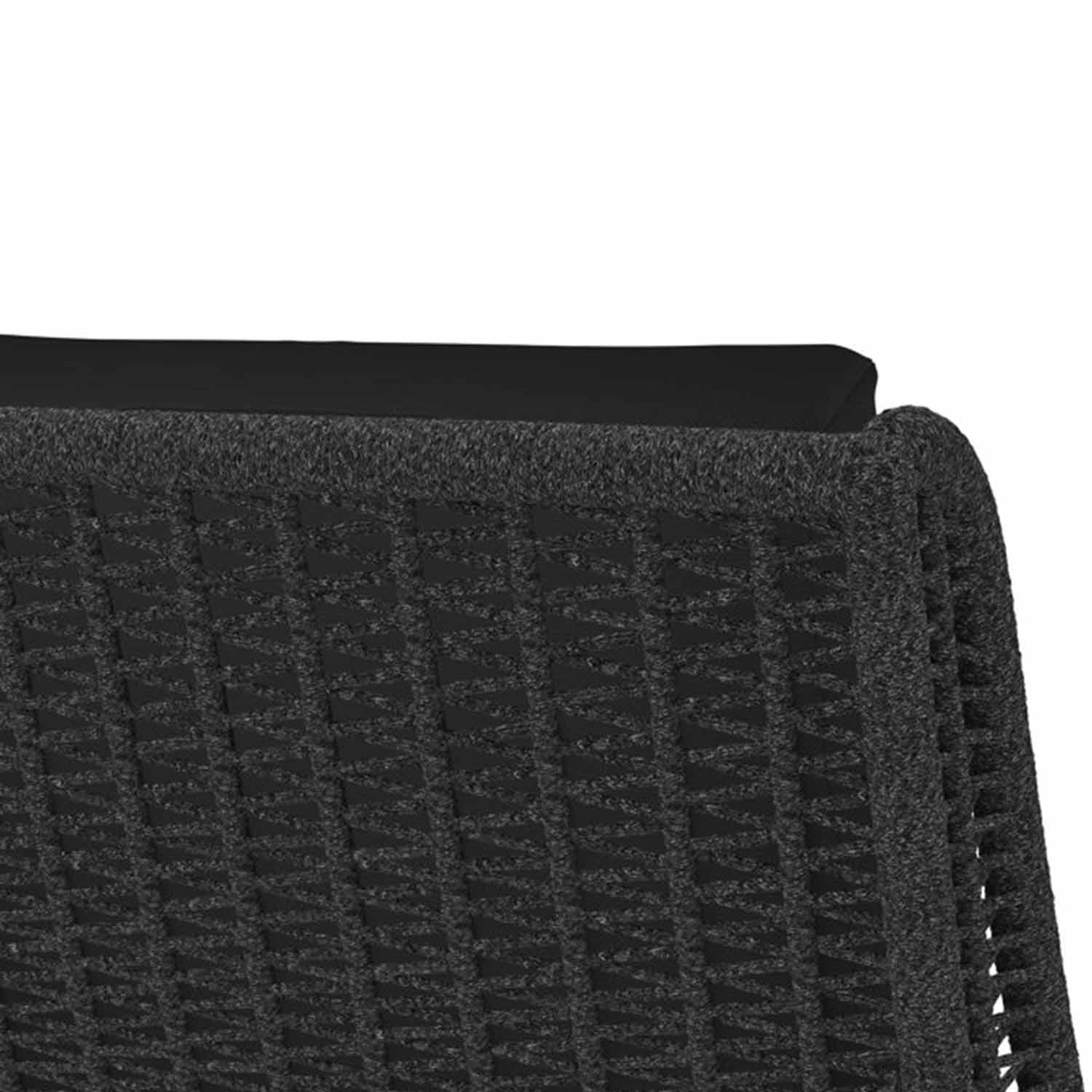 Close-up of a charcoal woven rope back and dark grey fabric cushion on an outdoor armless bar stool, highlighting the textured rope weave and padded seat top.