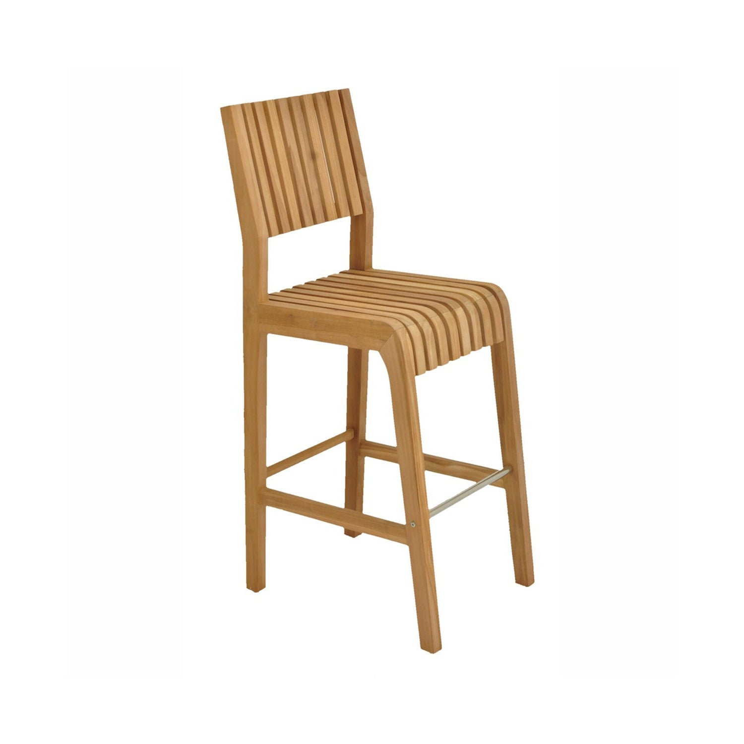 Armless teak outdoor bar stool with closely spaced vertical slats on the back and horizontal slatted curved seat, natural teak finish, squared legs and a metal footrest, shown on a white background.