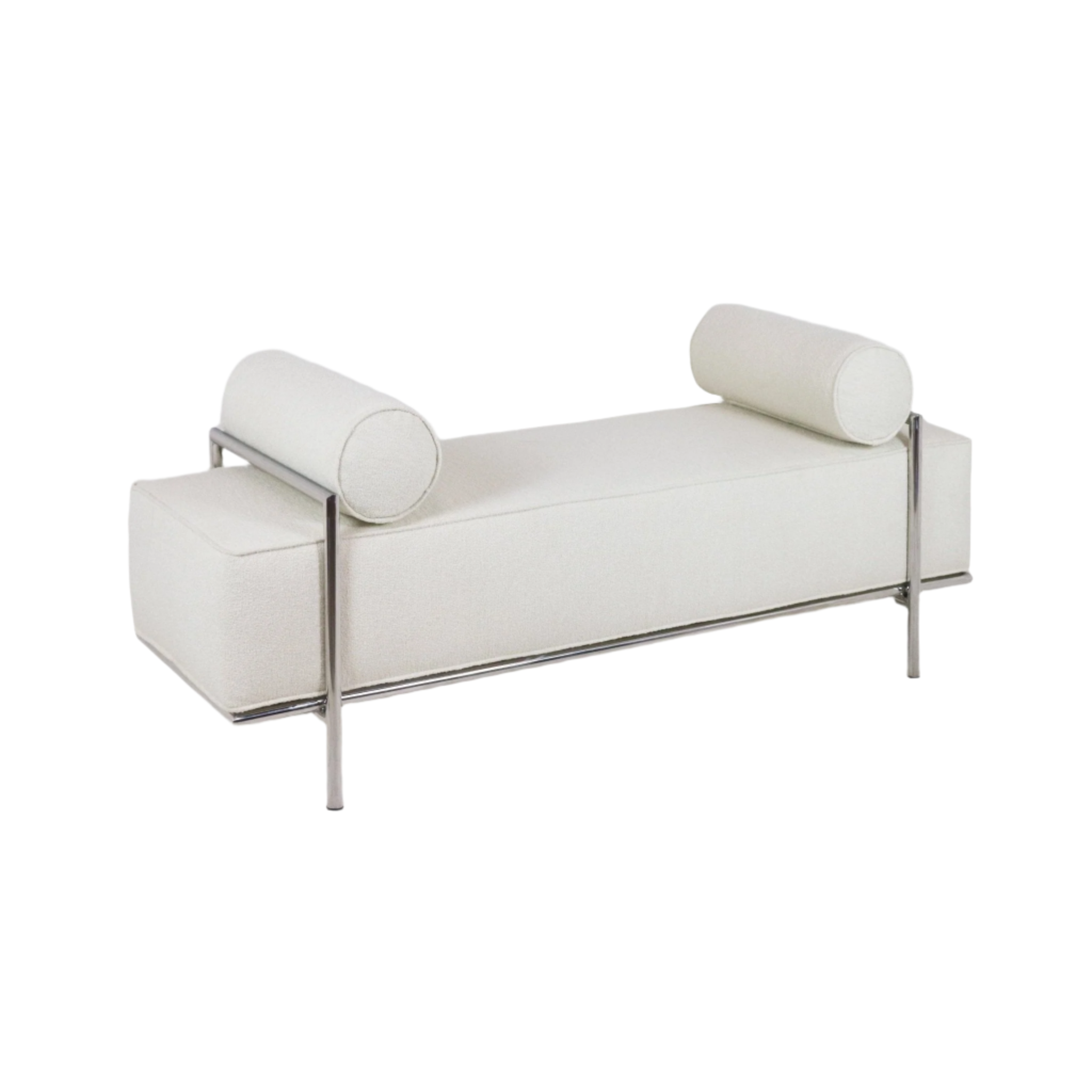 Off-white boucle-upholstered bench with a rectangular cushioned seat, two cylindrical bolster pillows and a polished stainless steel tubular frame with slim legs.