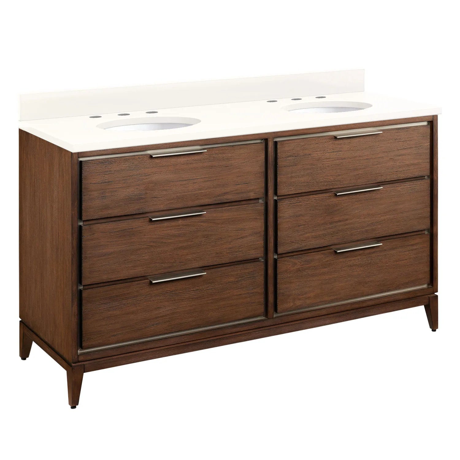 60-inch double-sink bathroom vanity in warm brown solid wood with an arctic white quartz stone top, two oval undermount sinks, six drawers with brushed metal bar pulls and tapered legs in a modern contemporary design.