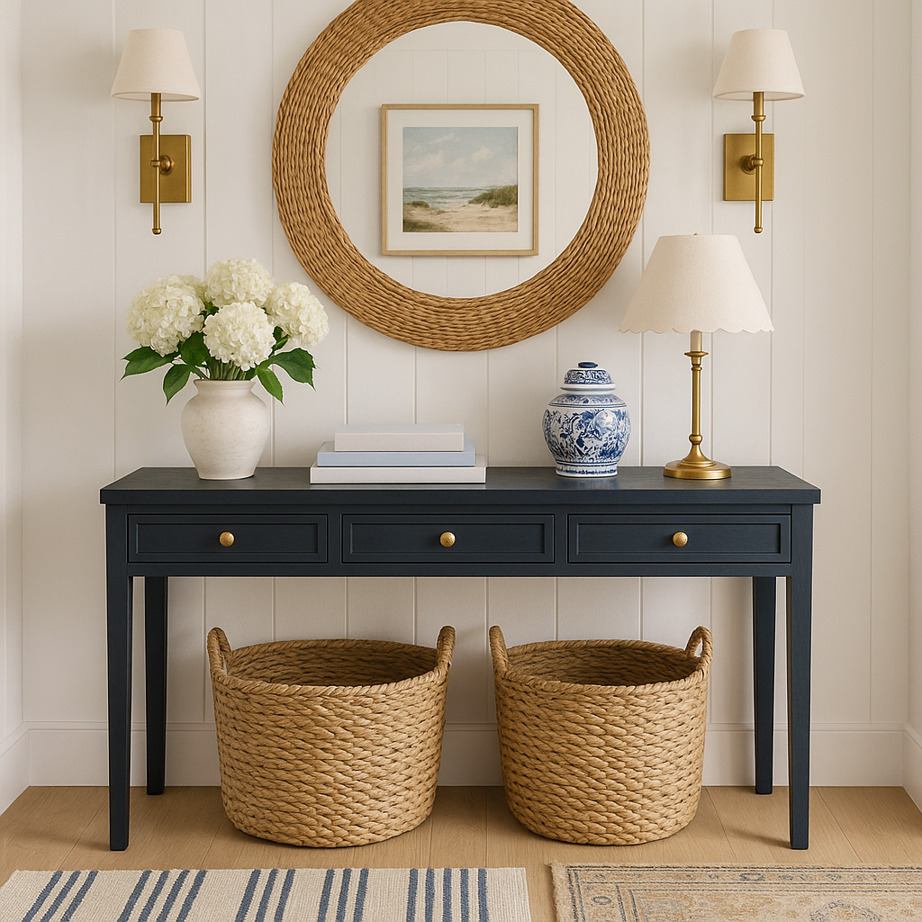 Navy solid wood console table with three drawers and brass knobs, styled beneath a round woven rattan mirror with brass sconces, topped with a lamp, blue-and-white ceramic jar and white hydrangeas, with two woven storage baskets below.