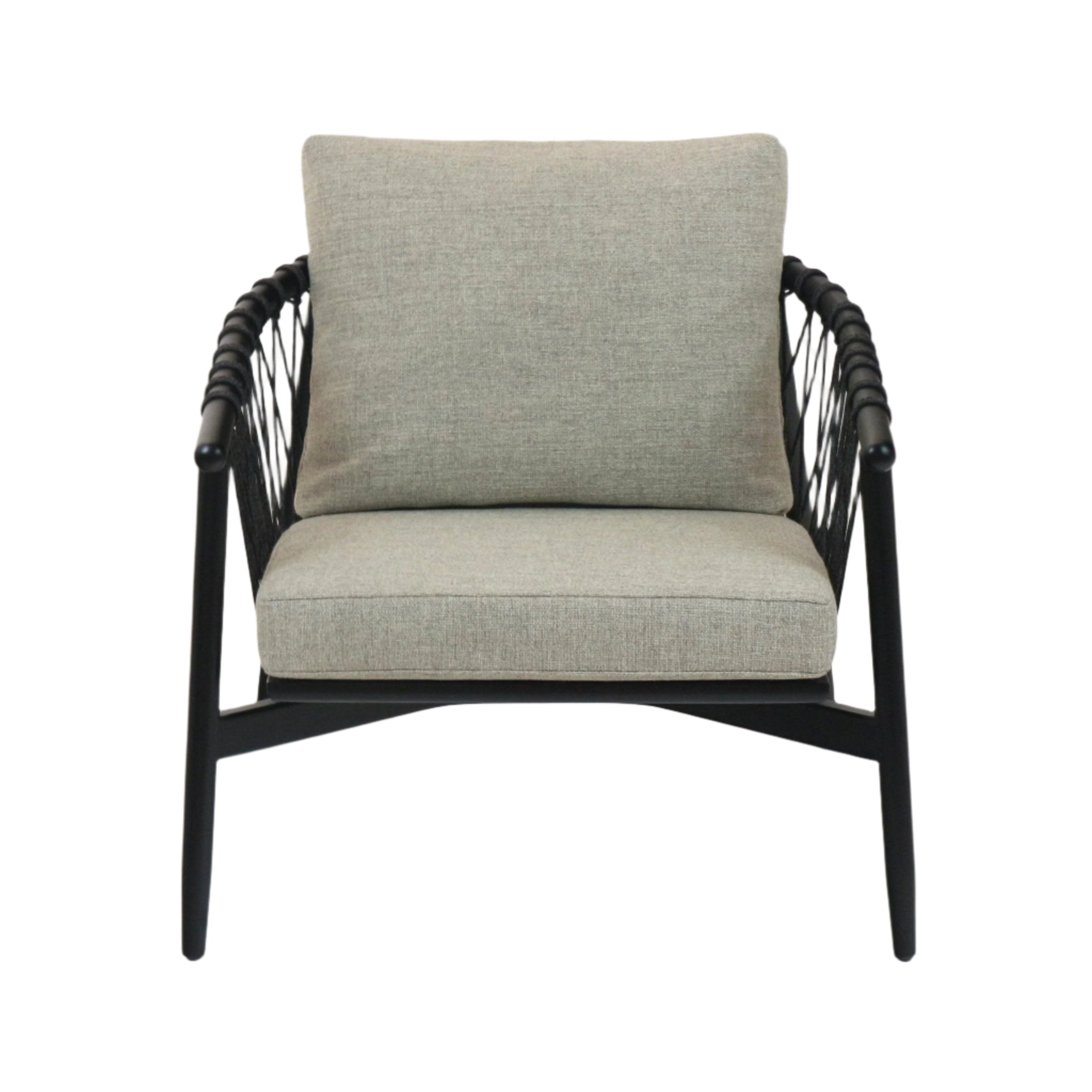 Front view of a modern lounge chair with beige alpaca boucle cushions, cushioned full back and seat, black solid wood frame and rope-wrapped arm detailing.