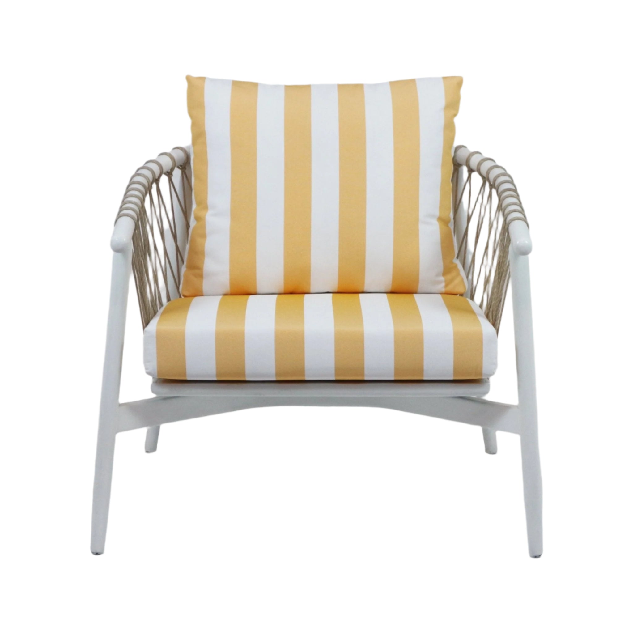 Front view of a modern outdoor lounge chair with a white wooden frame, rope-wrapped arms and yellow-and-white summer-striped fabric seat and back cushions.