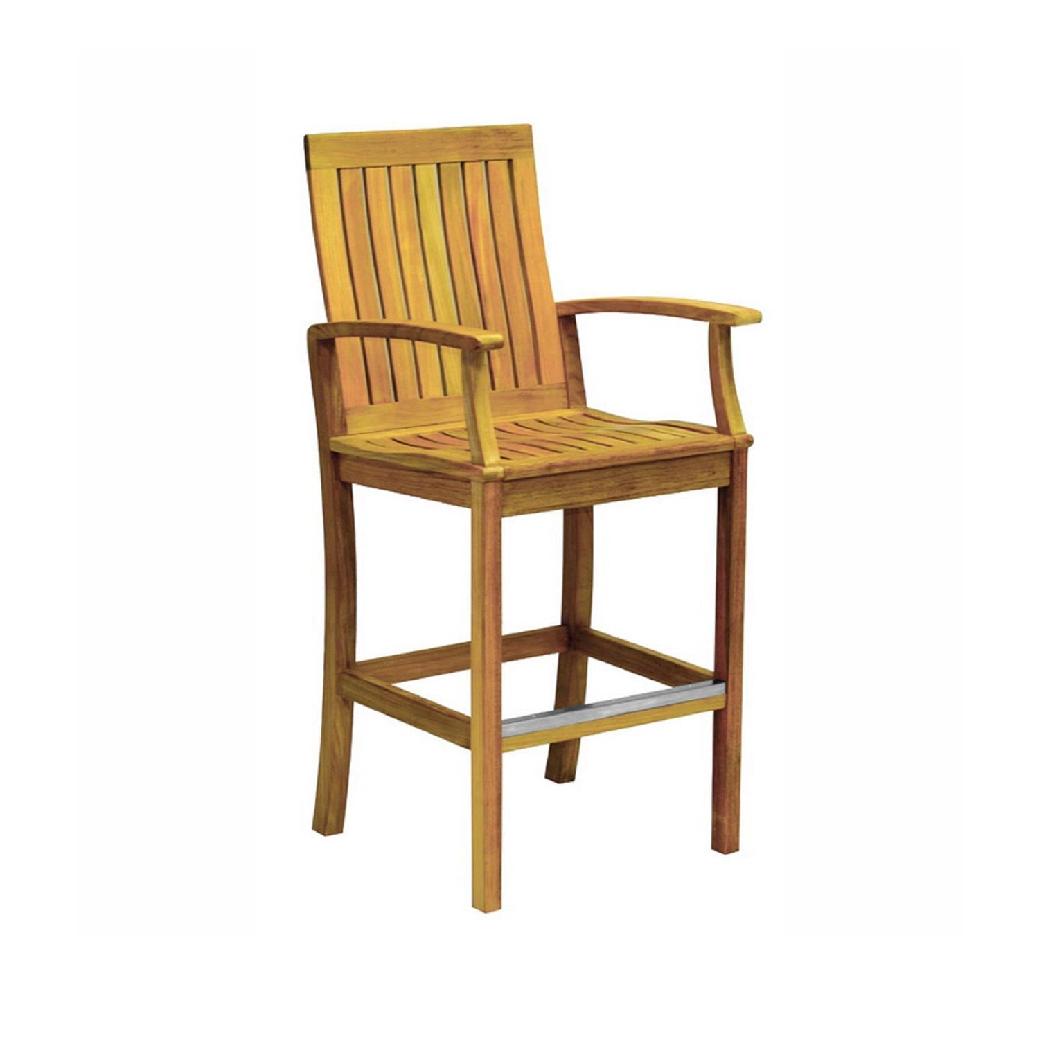 Coastal teak outdoor bar stool with slatted seat and back, curved armrests, square legs and a metal footrest.