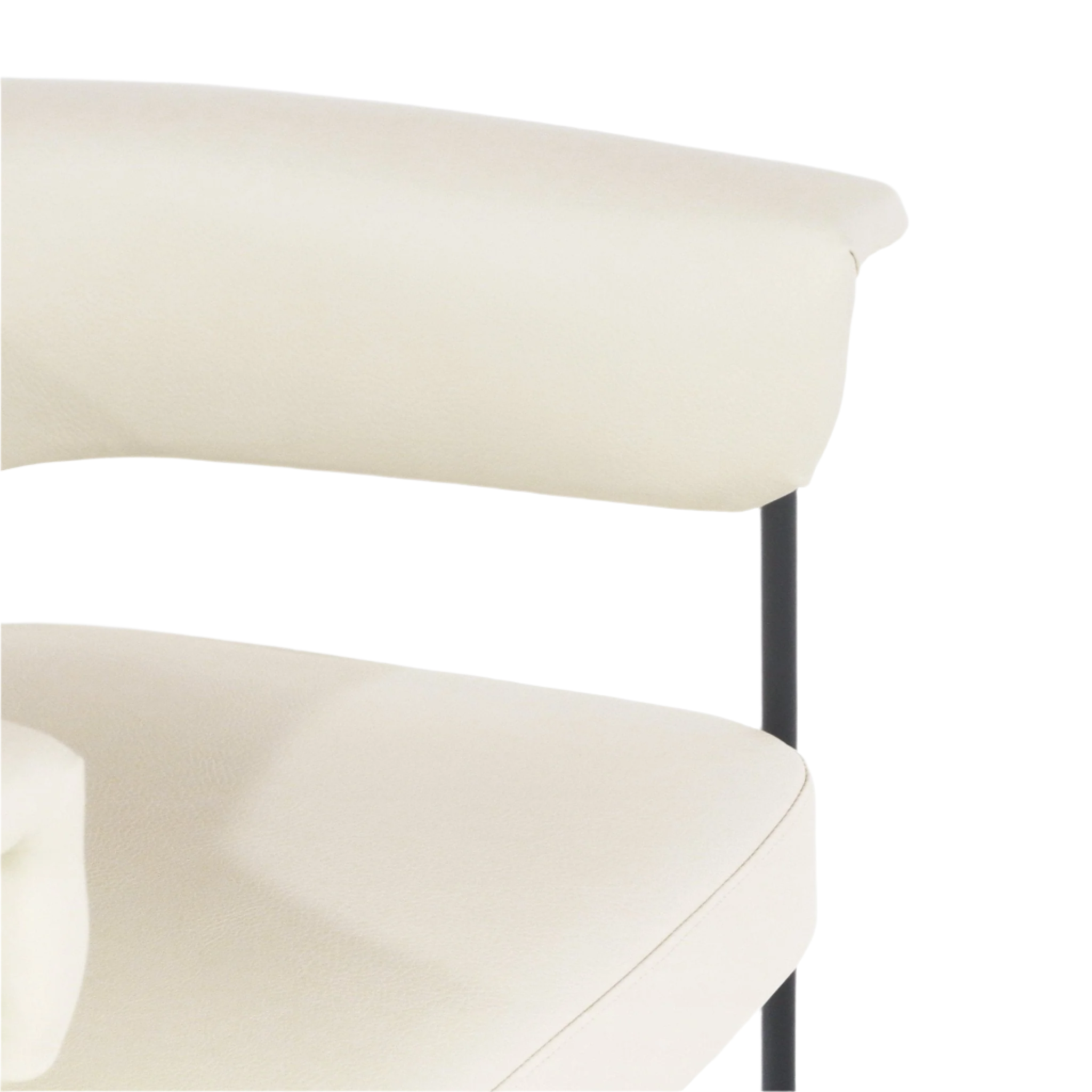 Close-up of an ivory faux leather counter stool showing the padded curved backrest and seat cushion supported by a slim matte black metal post.