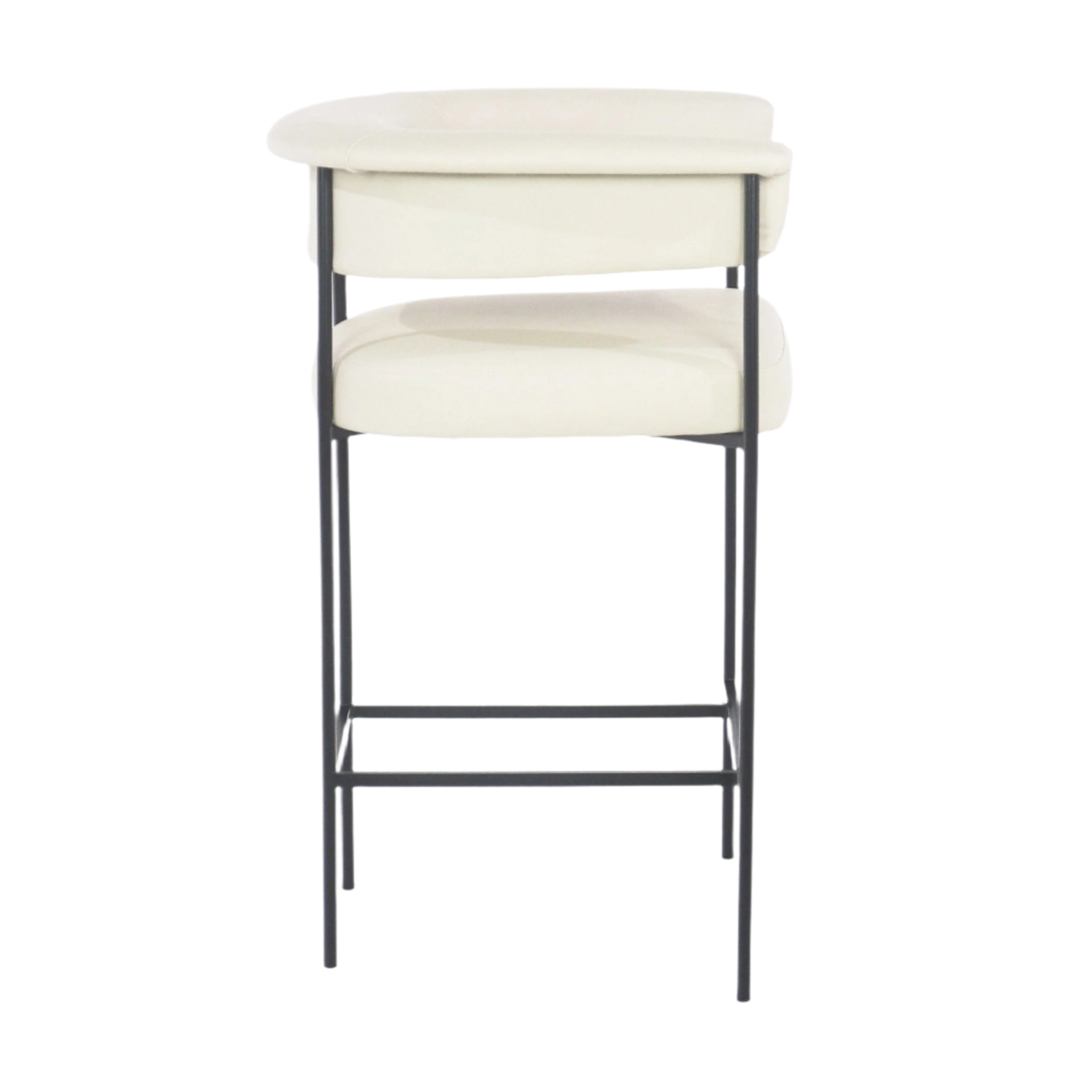 Front view of a modern cream faux leather counter stool with a curved low back, padded seat and slender black metal frame with integrated footrest, shown on a white background.