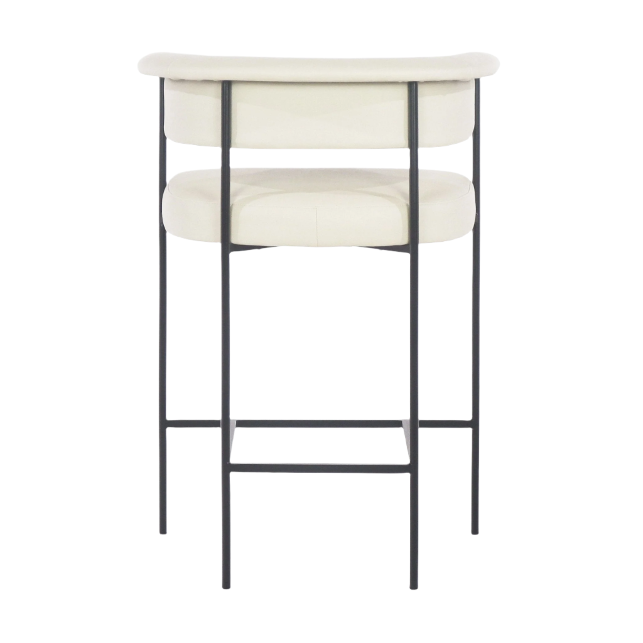Cream faux leather counter stool with rounded upholstered back and seat supported by a thin black metal frame and integrated square footrest in a minimalist modern style.