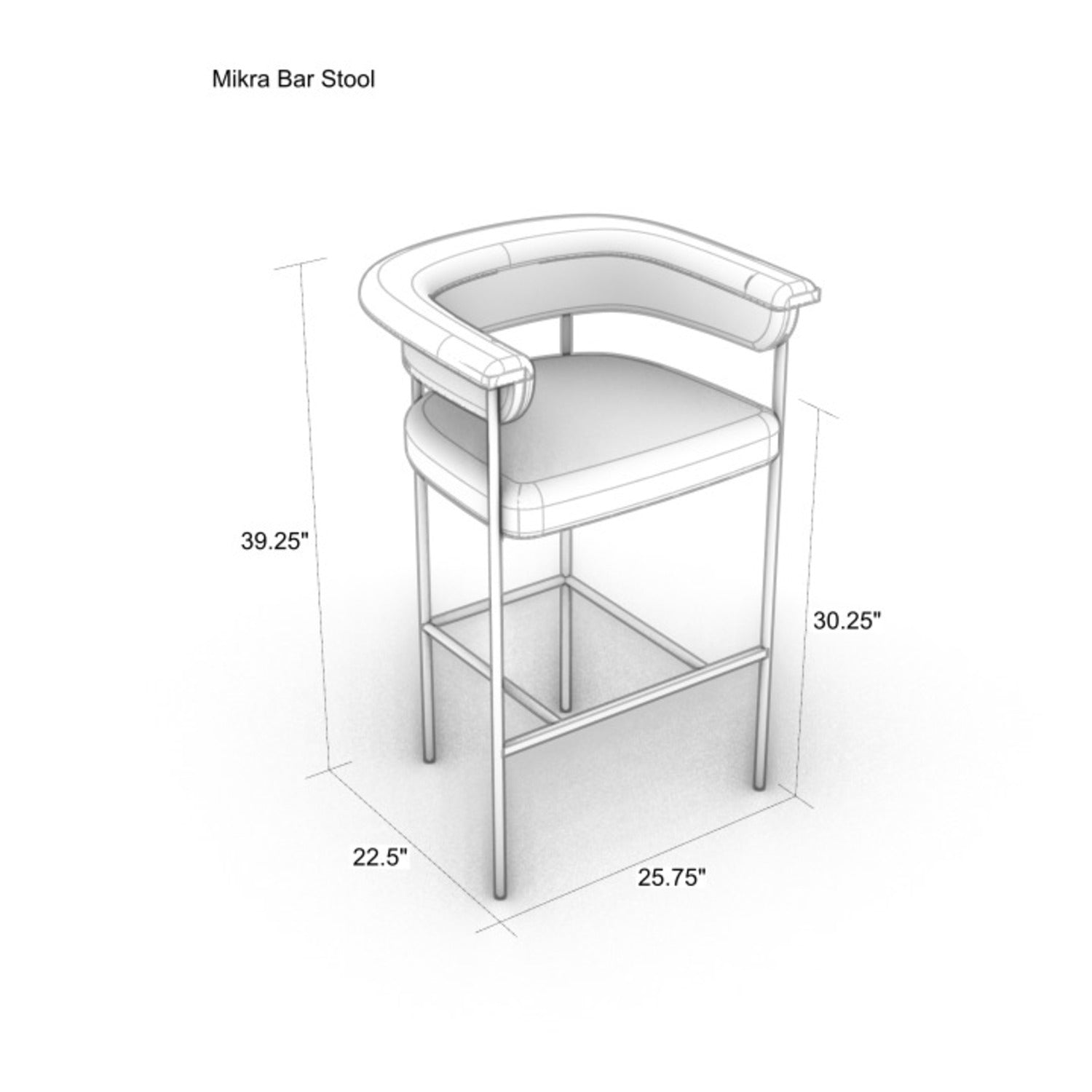 Grayscale dimensioned line drawing of a counter/bar stool with curved faux-leather upholstered back and arms, padded seat, slim metal legs and square footrest, annotated with dimensions 39.25", 30.25", 22.5" and 25.75".