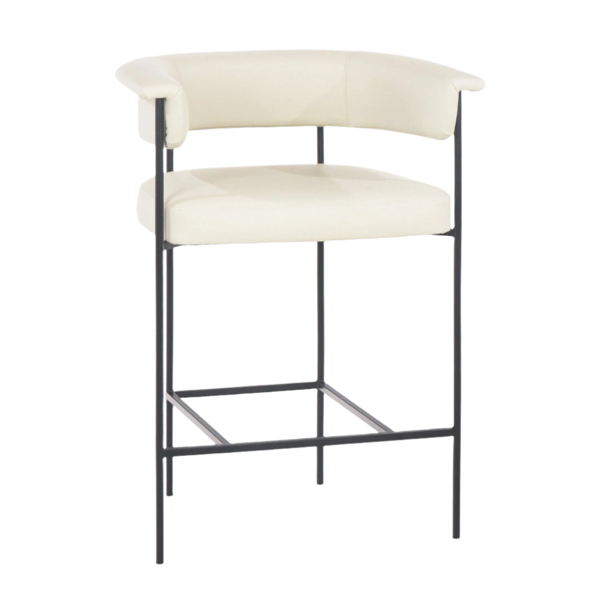 Contemporary cream faux-leather counter stool with a curved open back and padded seat supported by a slim matte-black metal frame and square footrest.