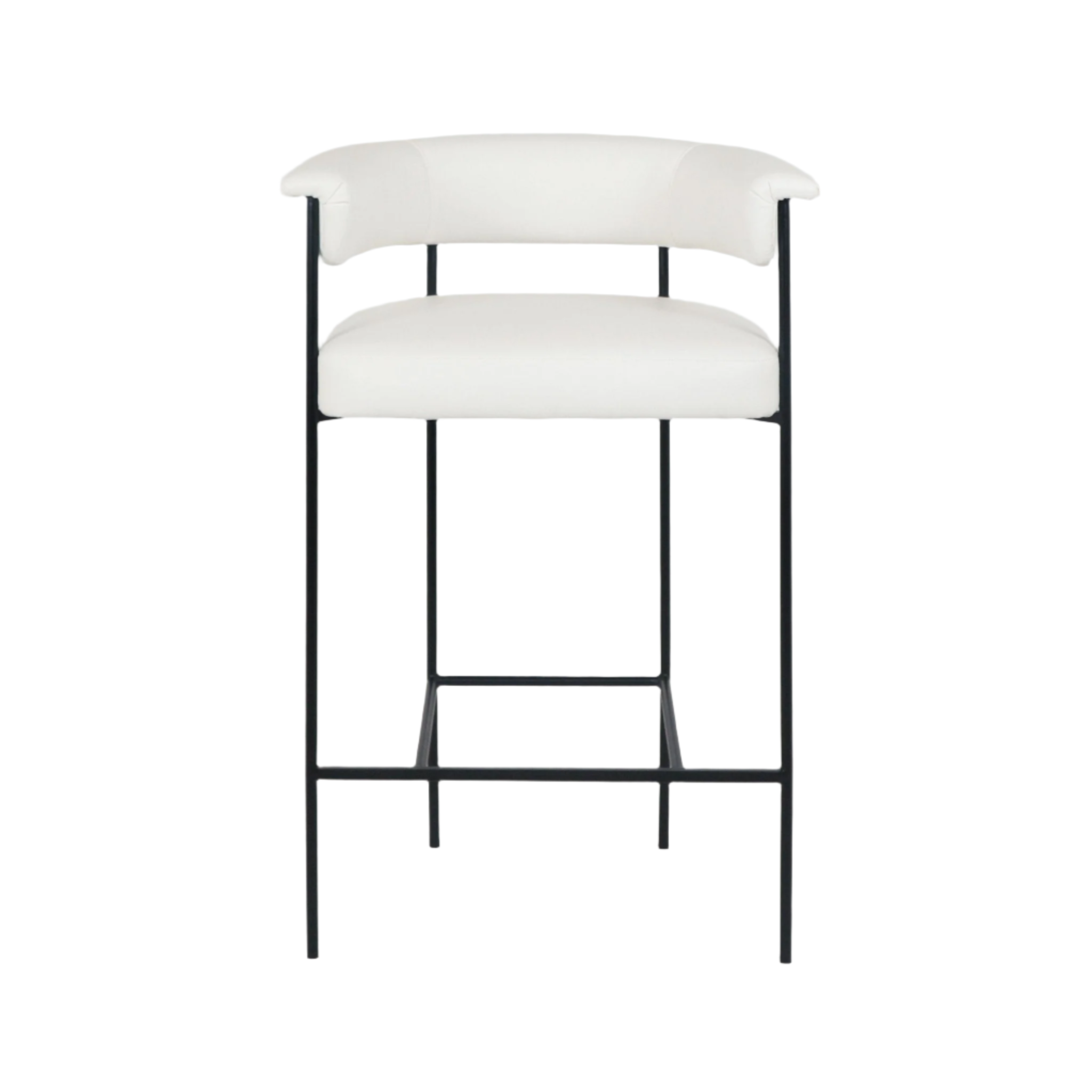 Front view of a modern counter stool with white faux-leather padded seat and curved back with short arms, supported by a slim black metal frame and integrated square footrest in a minimalist silhouette.