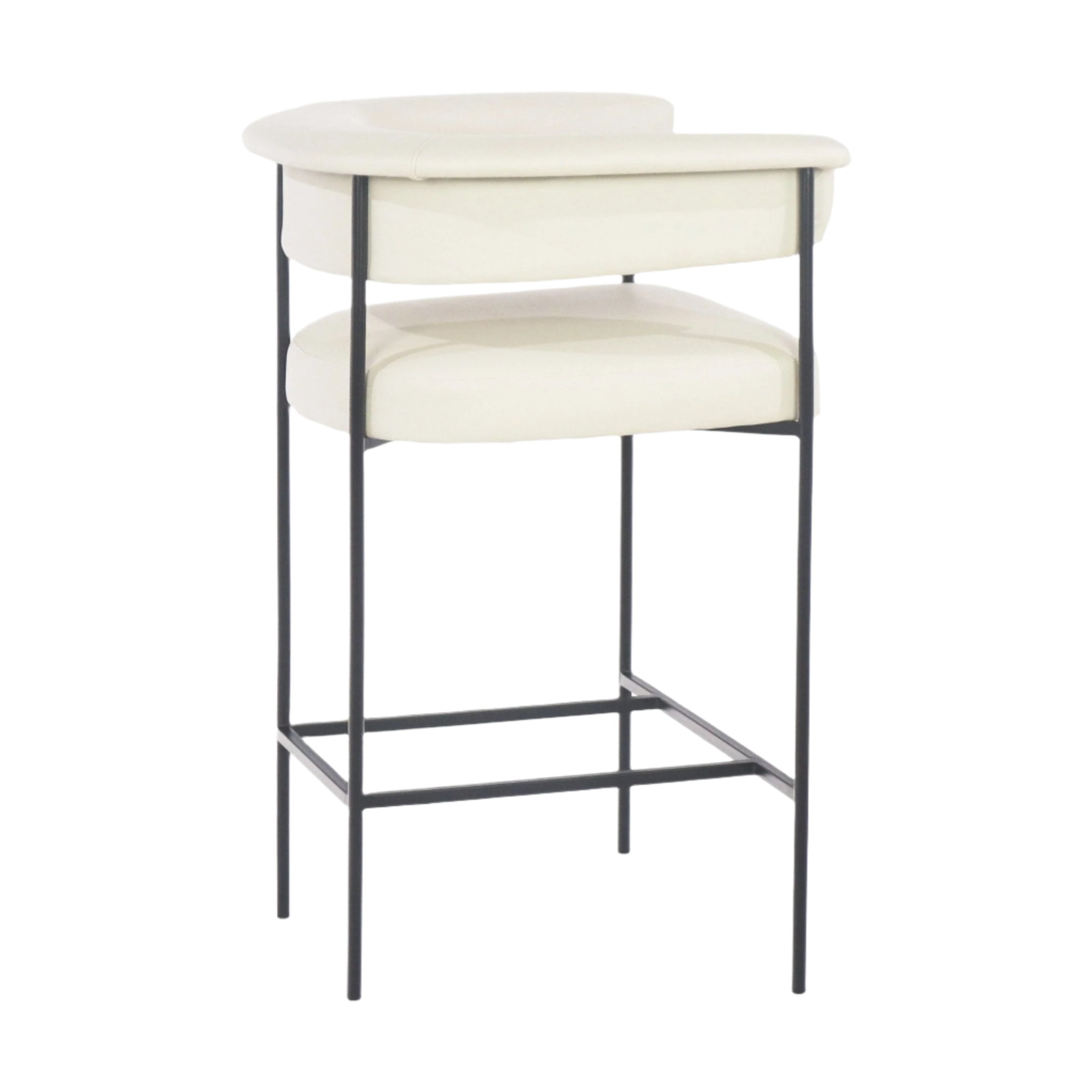 Off-white faux leather counter stool with a curved low back and padded seat, supported by a slender black metal frame with integrated square footrest, showcasing a modern minimalist silhouette.