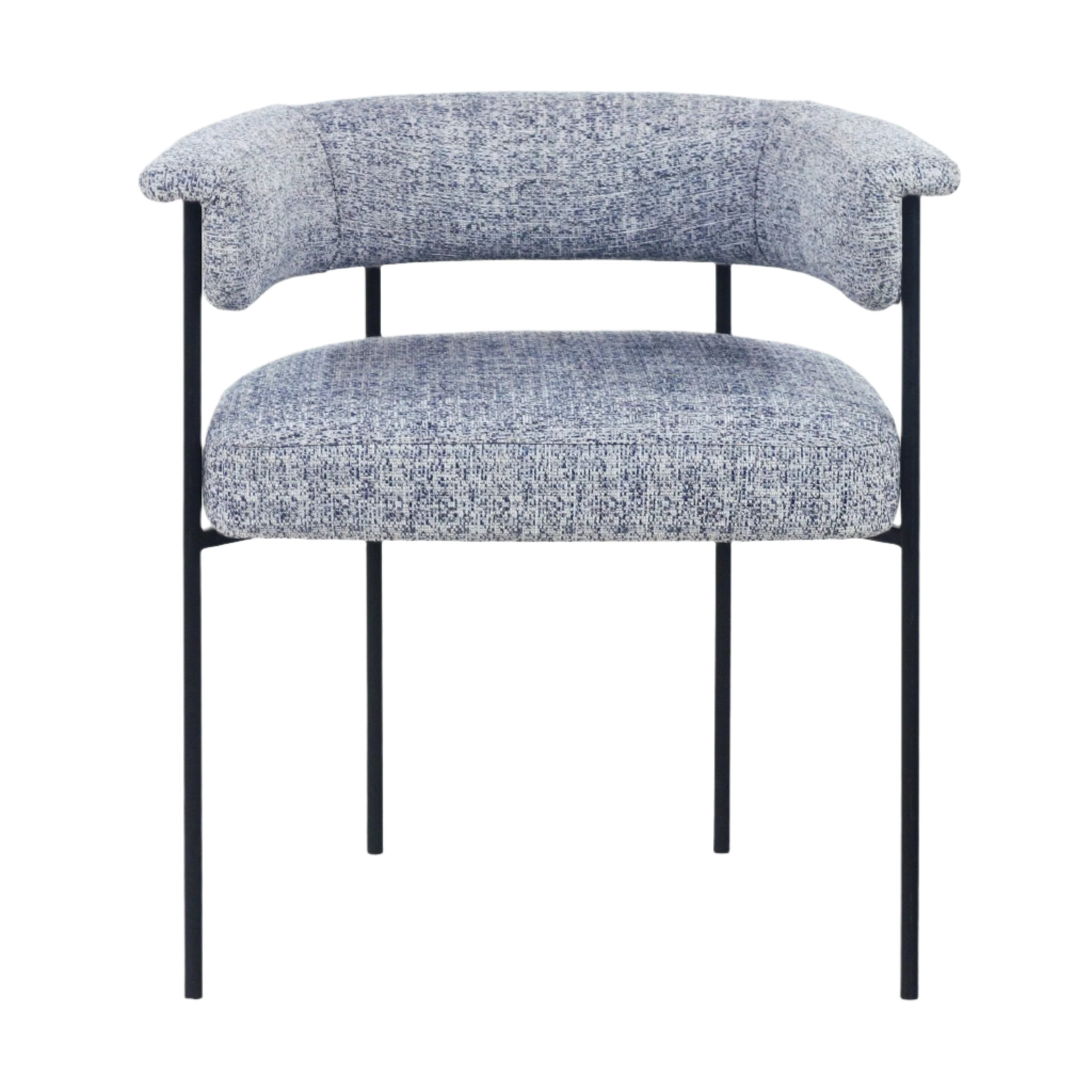 Front view of a modern gray boucle upholstered dining chair with a low curved back and short wrapped armrests, thick cushioned seat and slender black metal legs.