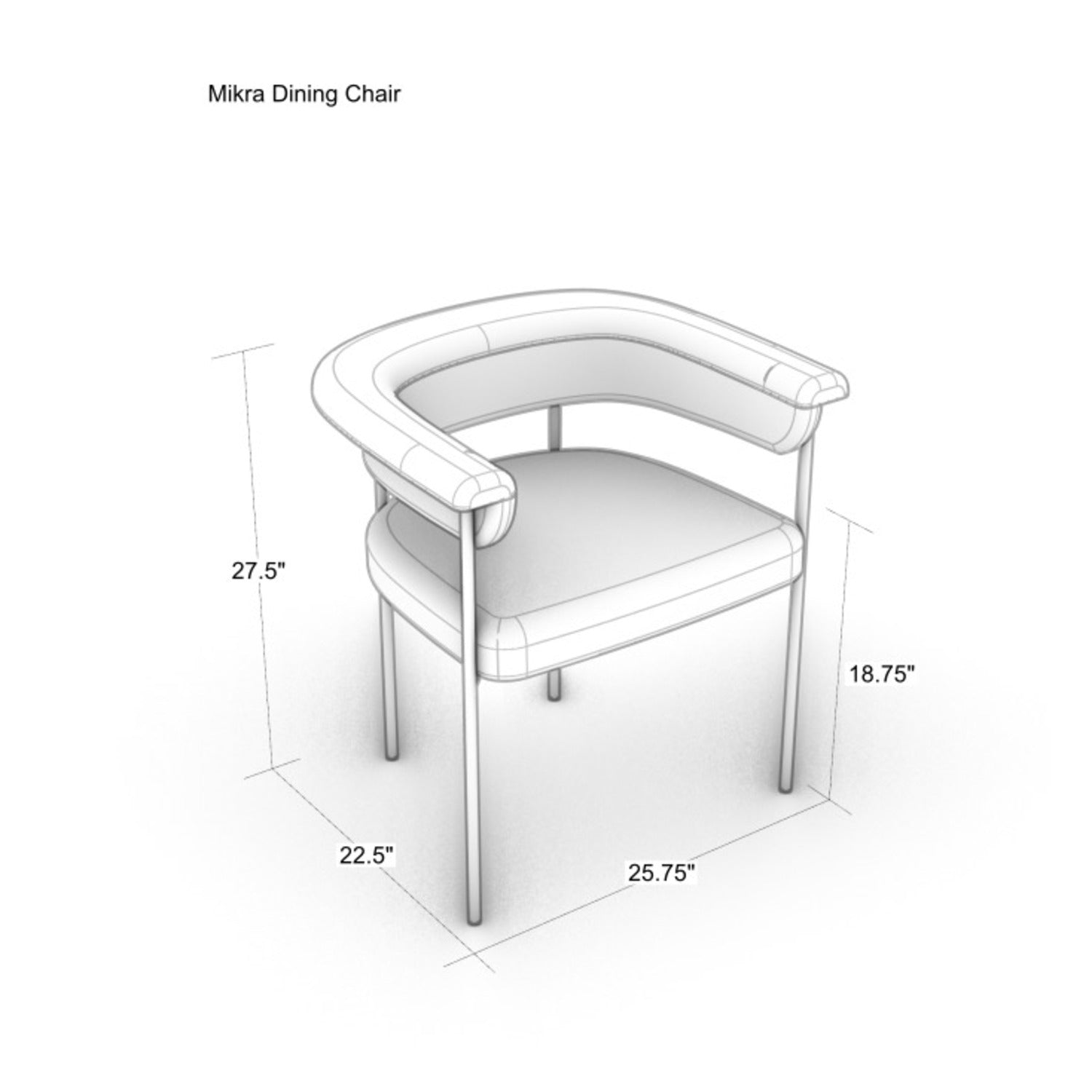 Isometric rendering of a modern gray boucle upholstered dining chair with a curved low back and integrated arms, cushioned seat and slim metal legs; dimensions shown: 27.5 in H, 18.75 in seat H, 25.75 in W, 22.5 in D.