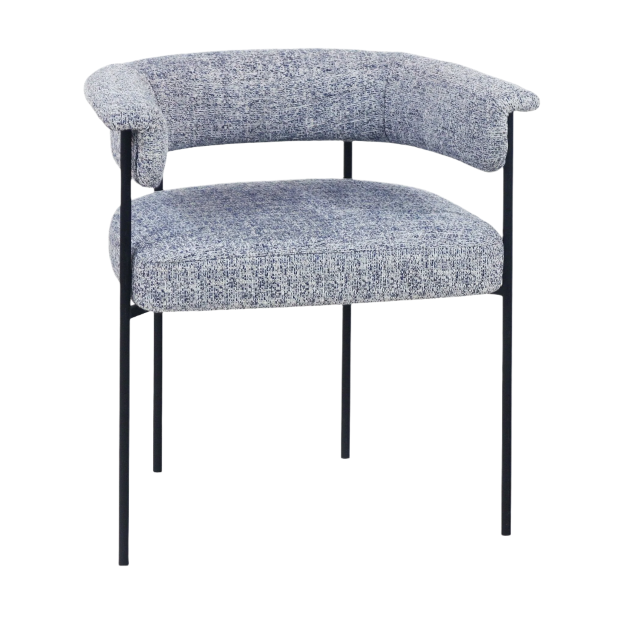 Modern gray boucle upholstered dining chair with a curved low back and short arms, cushioned seat, and slim black metal legs.