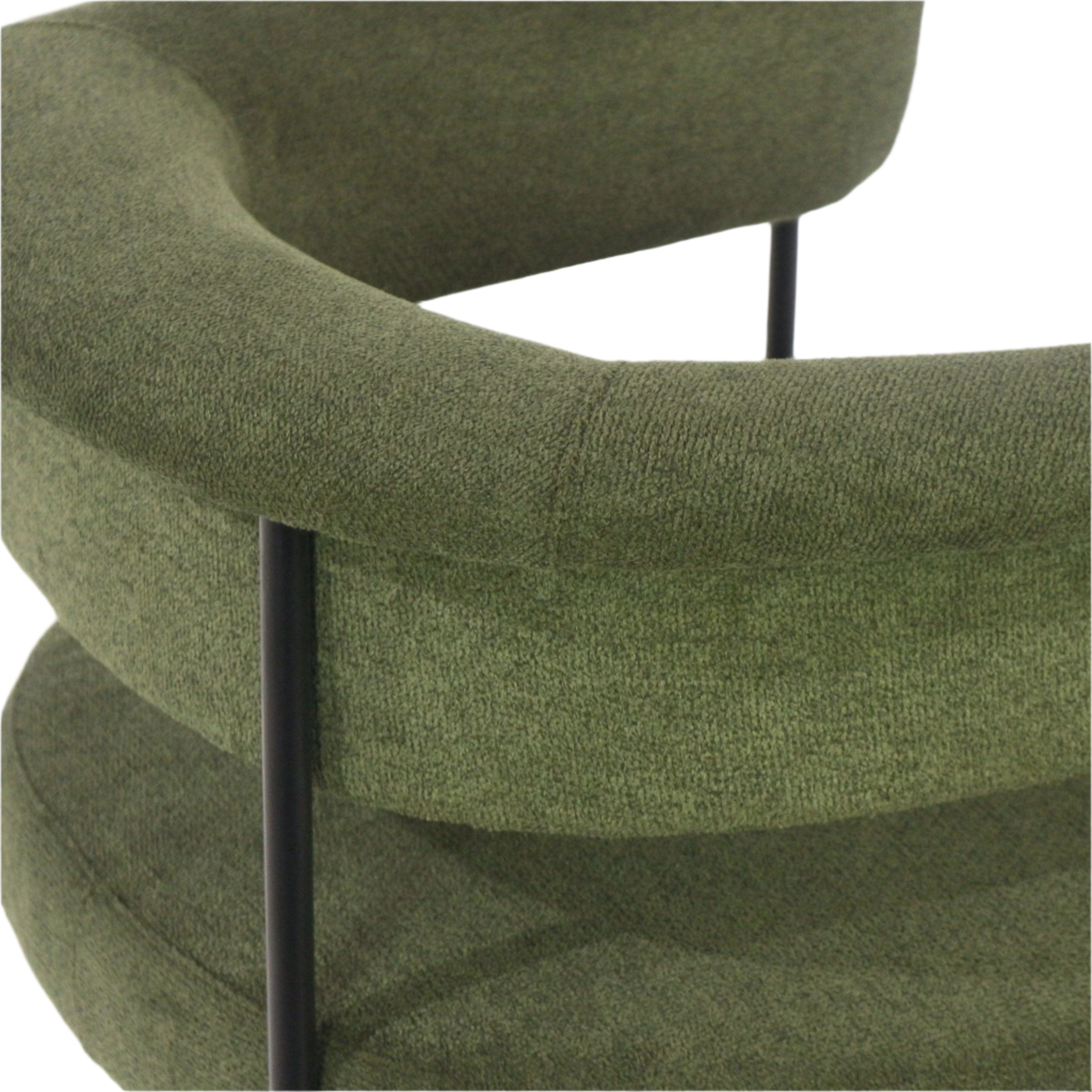 Close-up of dark olive green boucle upholstery showing the curved padded back and seat with slim black metal support legs on a modern counter/bar stool.