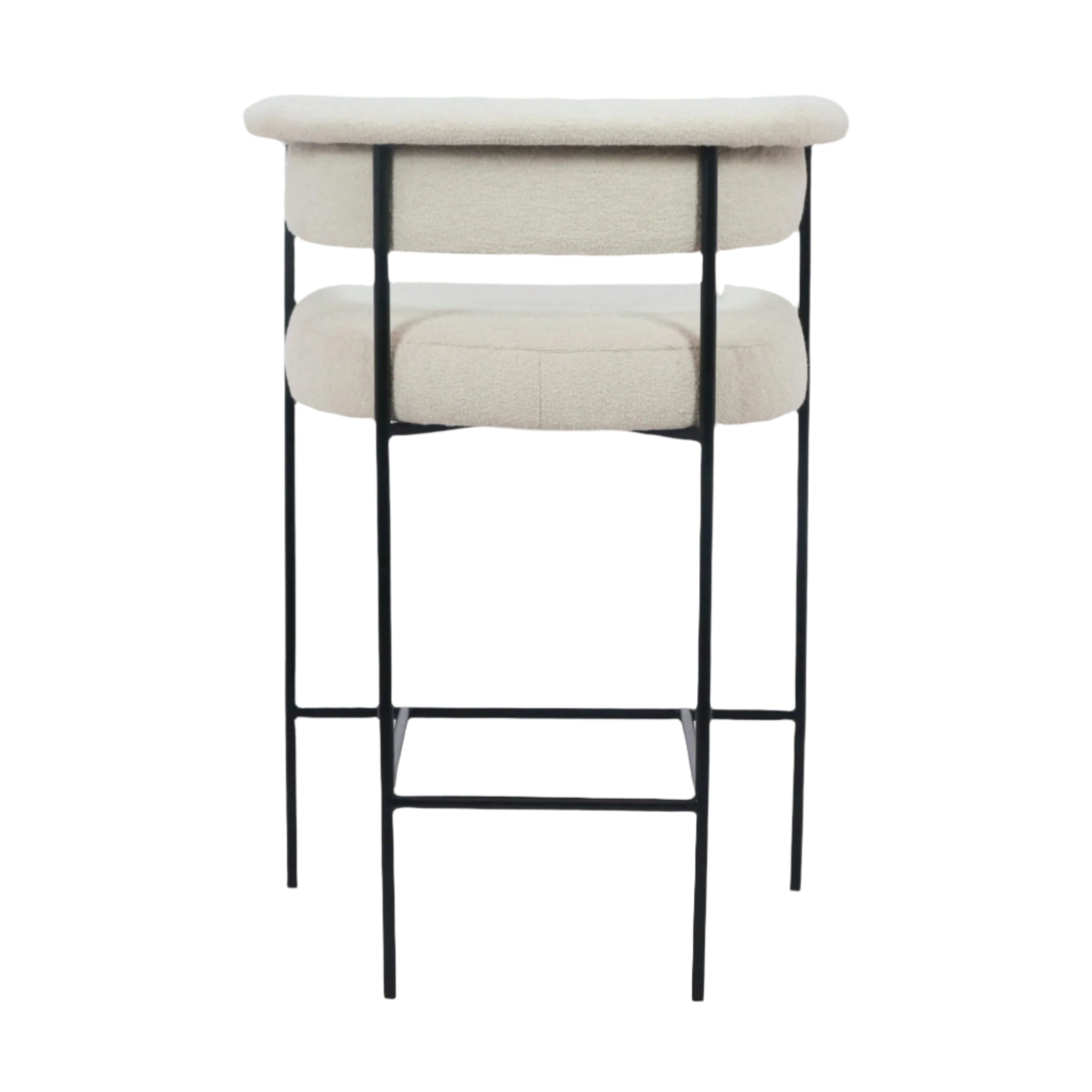 Front view of a modern cream boucle upholstered counter stool with a rounded low back, plush cushioned seat and slim black metal legs with integrated footrest.