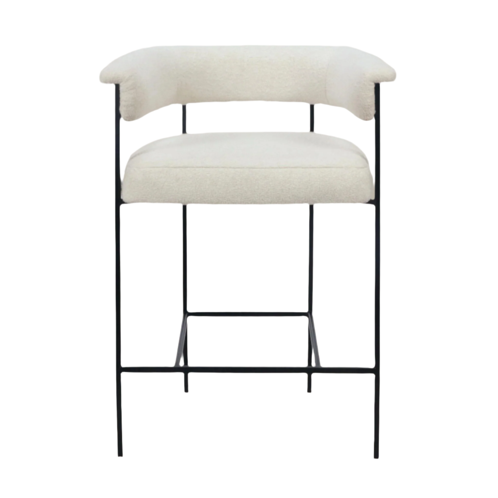 Cream boucle-upholstered counter stool with a rounded low back, cushioned seat and slender black metal frame with integrated footrest in a modern minimalist style.