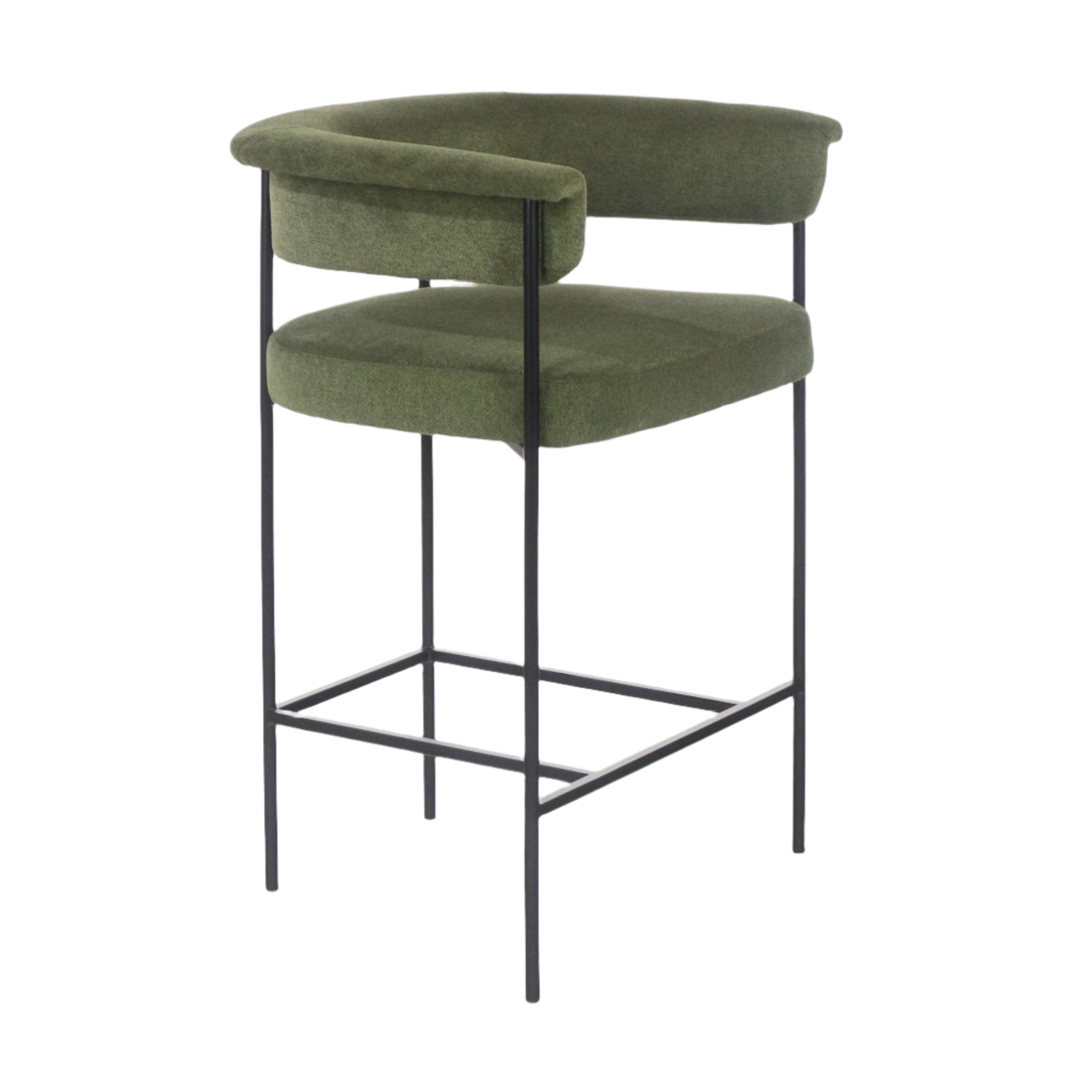 Modern dark olive green boucle upholstered counter stool with a curved low back and cushioned seat on a slim black metal frame with square footrest.
