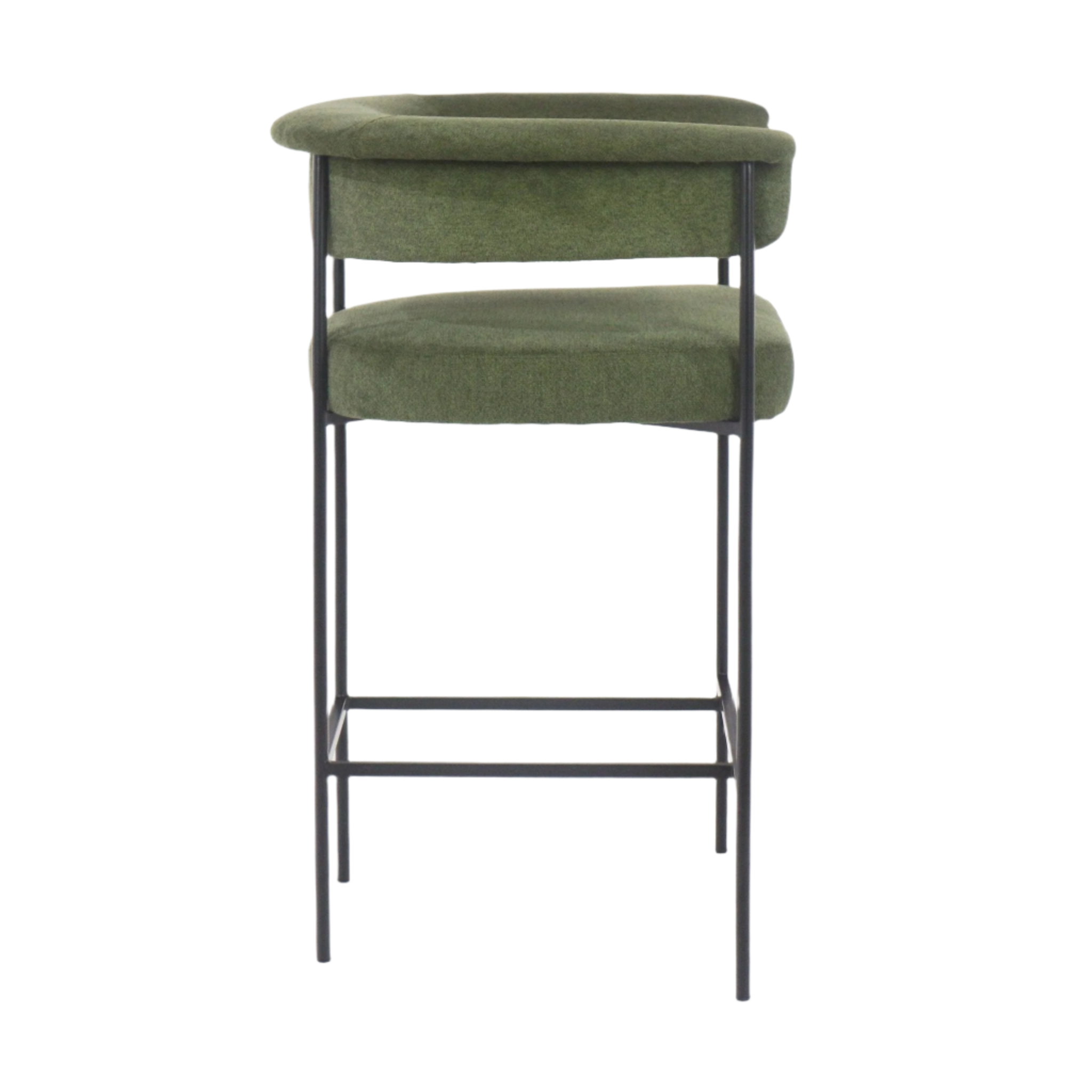 Front view of a dark olive green boucle-upholstered bar stool with a low curved back, padded seat and slim black metal legs with an integrated rectangular footrest.