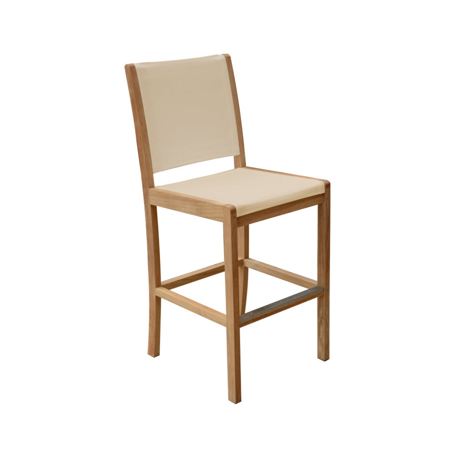 Armless teak bar stool with light beige fabric seat and back, natural teak wood frame and metal front footrest, clean coastal-contemporary design for outdoor or kitchen counters.