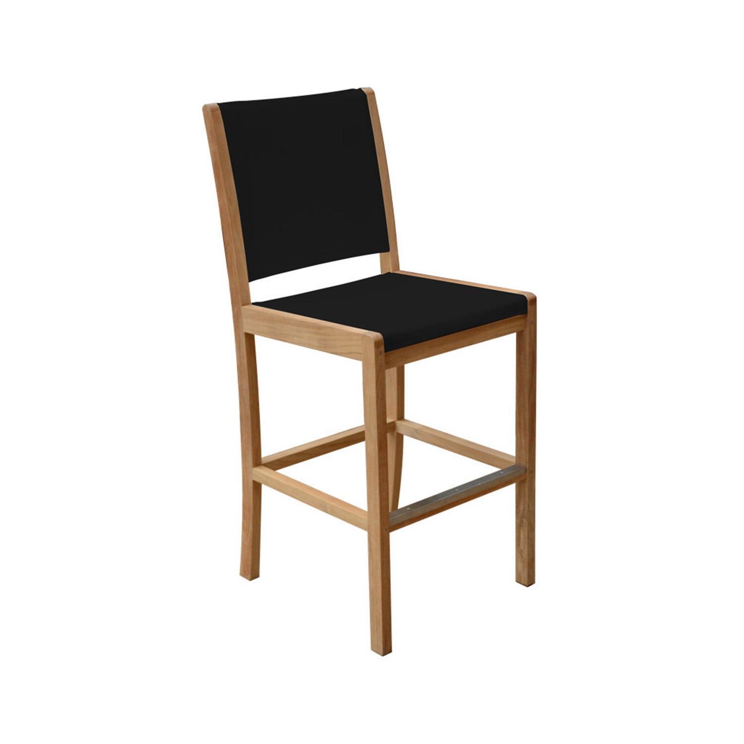 Armless teak outdoor bar stool with natural teak frame, black fabric seat and back, and metal footrest in a coastal contemporary style shown on a white background.