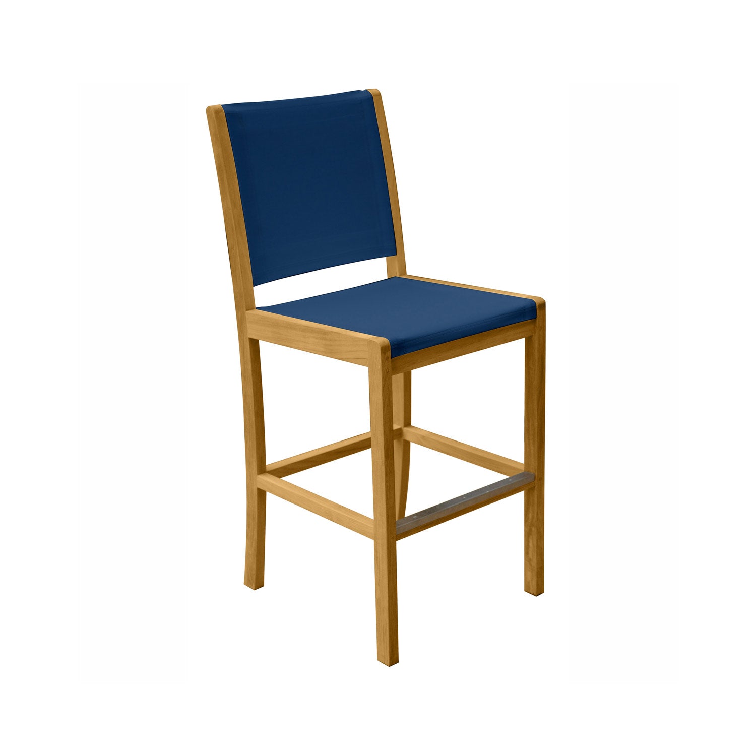 Armless outdoor bar stool with a natural teak frame, navy blue fabric seat and back, and a metal front footrest shown against a white background.