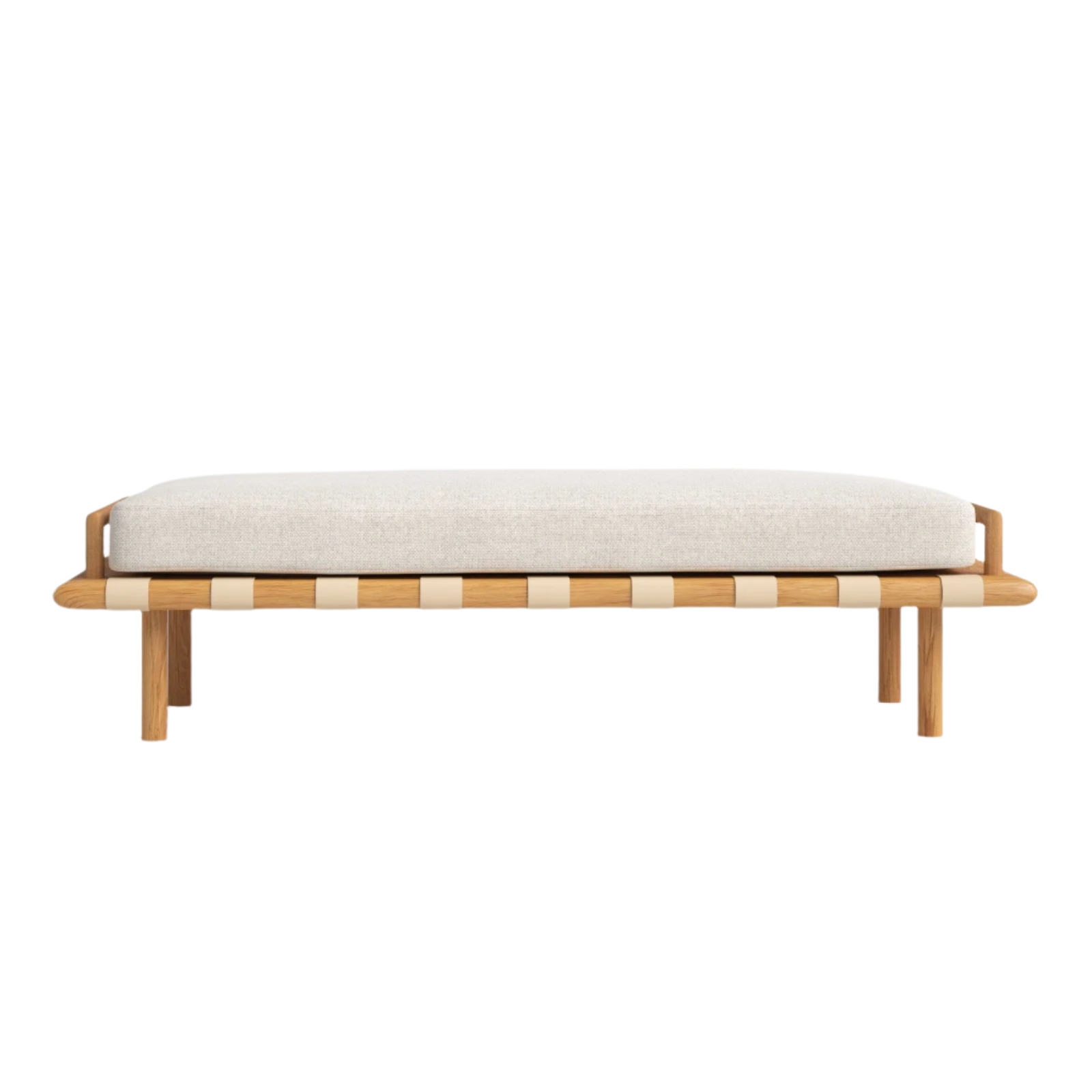 Low-profile end-of-bed bench with a cream boucle cushion resting on a natural oak frame featuring woven beige straps and rounded tapered legs in a coastal-contemporary modern style.