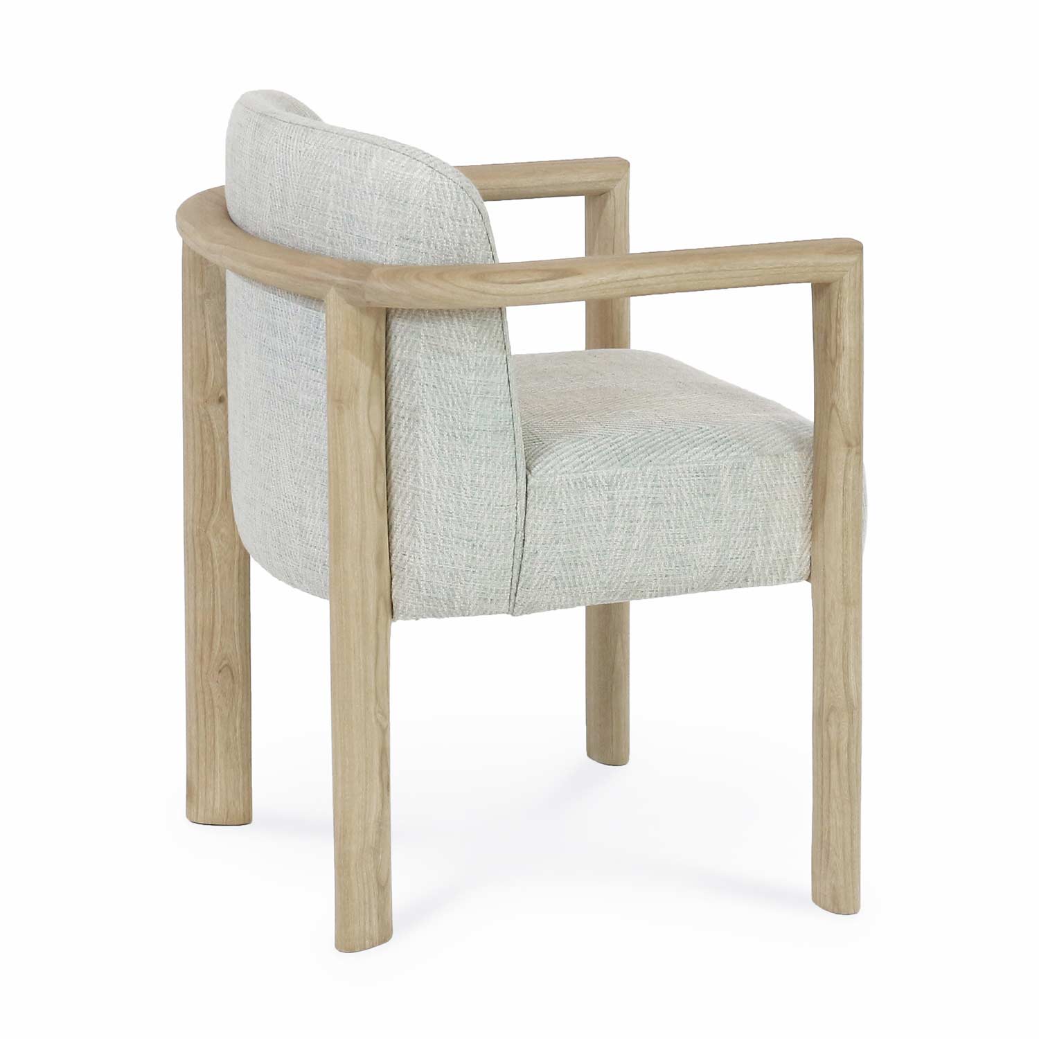 Side-rear view of a modern dining chair with a light oak frame, rounded legs and squared arms, upholstered in a neutral textured herringbone fabric with a low curved backrest.