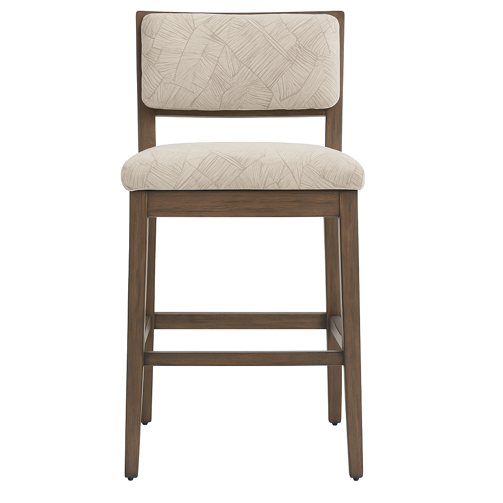 Front view of a teak outdoor armless bar stool with a warm teak wood frame, cushioned beige patterned fabric seat and low back, tapered legs and integrated footrest in a contemporary coastal style.