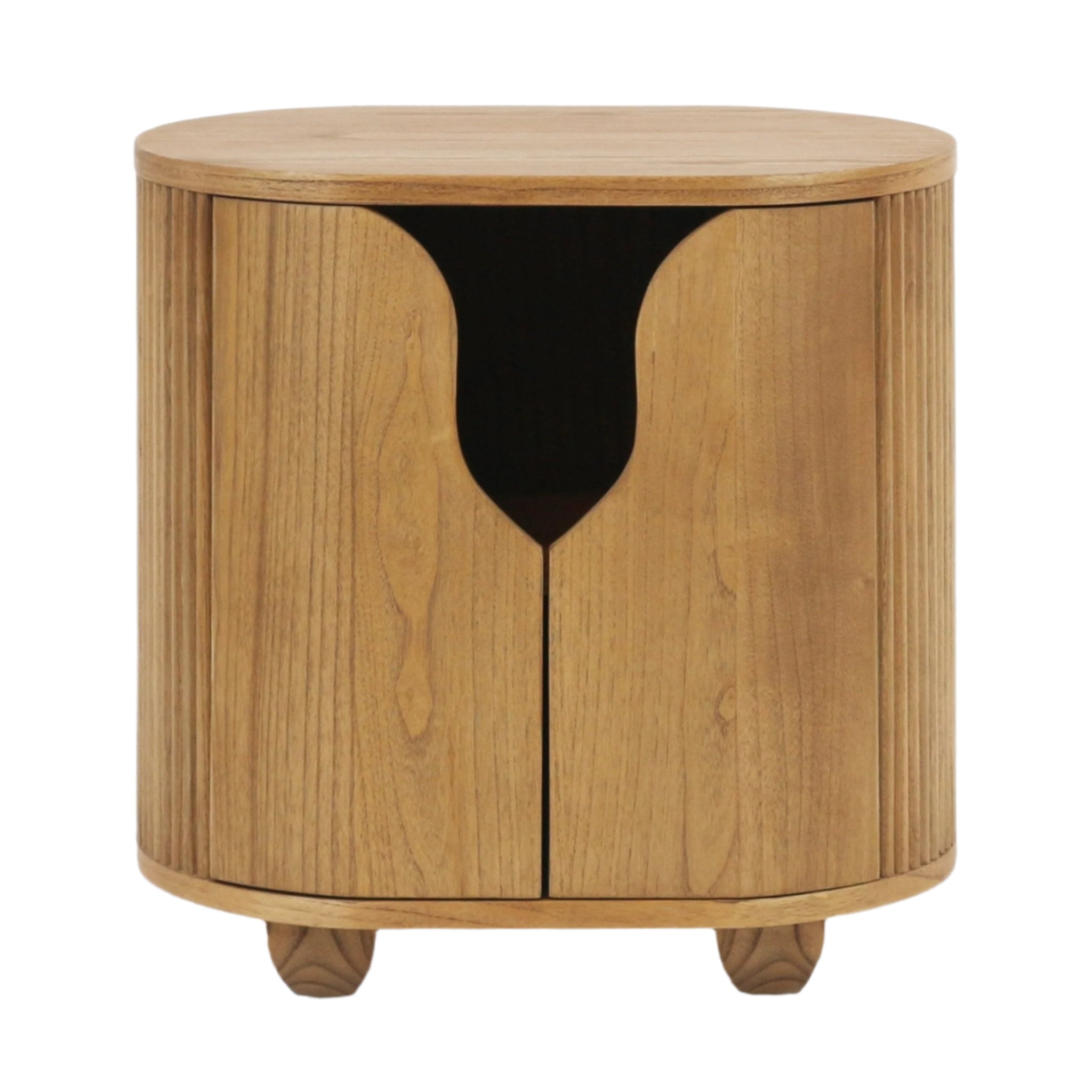 Front view of a natural solid wood nightstand in Scandinavian modern style, with a rounded top, fluted curved side panels, a recessed central cutout handle revealing a dark interior compartment, and short rounded legs.