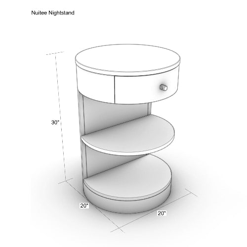 Line-rendered diagram of a modern round nightstand with marble top, single drawer with knob, two curved open wood shelves and circular base; dimensions labeled 30" H x 20" W.