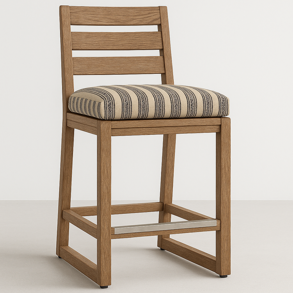 Armless teak outdoor bar stool with ladder-style slatted back, thick beige cushion with black striped pattern, squared teak frame and a brushed metal footrest.