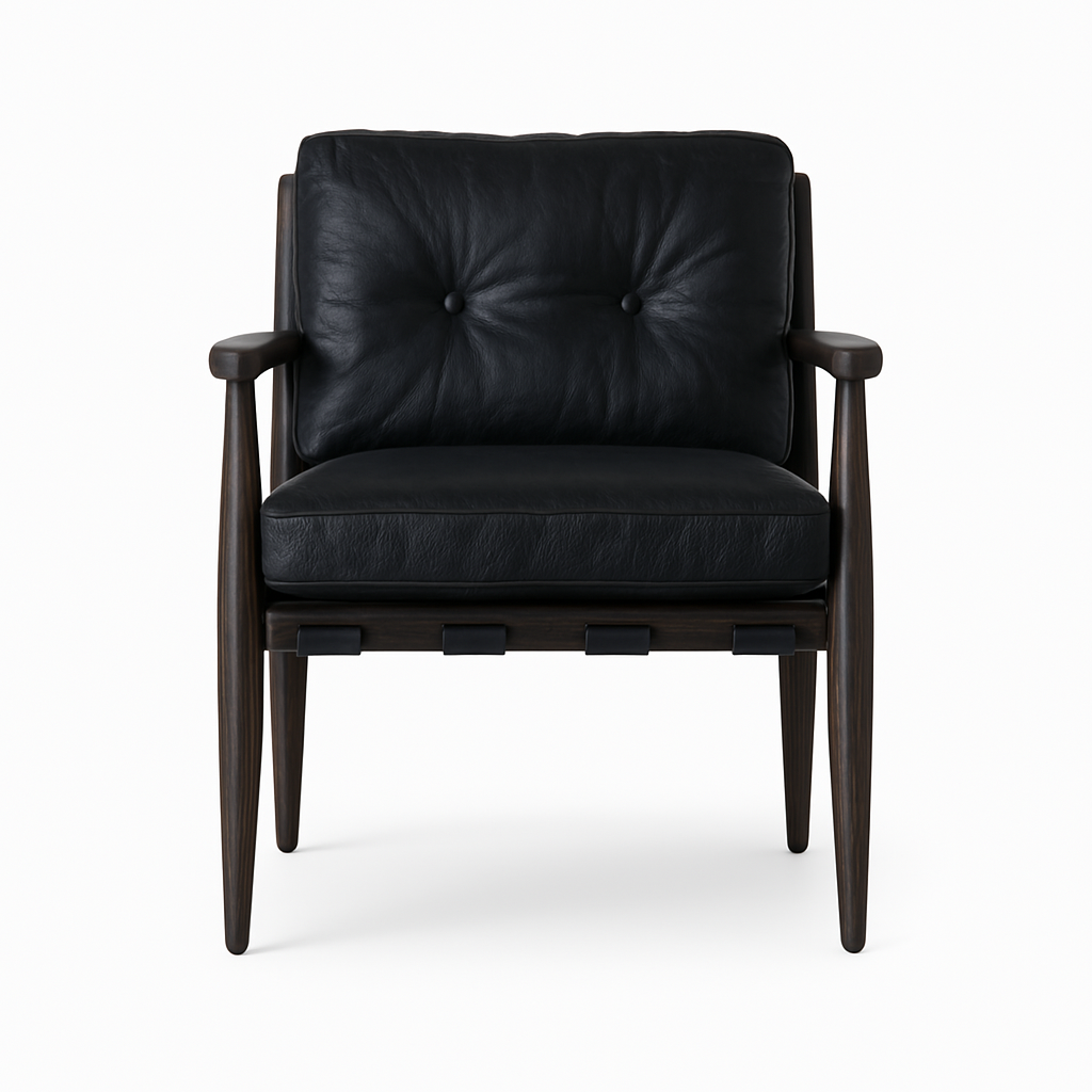 Front view of a mid-century modern dining chair upholstered in black aged nubuck leather with a two-button tufted back, plush seat cushion, and walnut-stained tapered wooden frame with armrests and exposed strap supports.