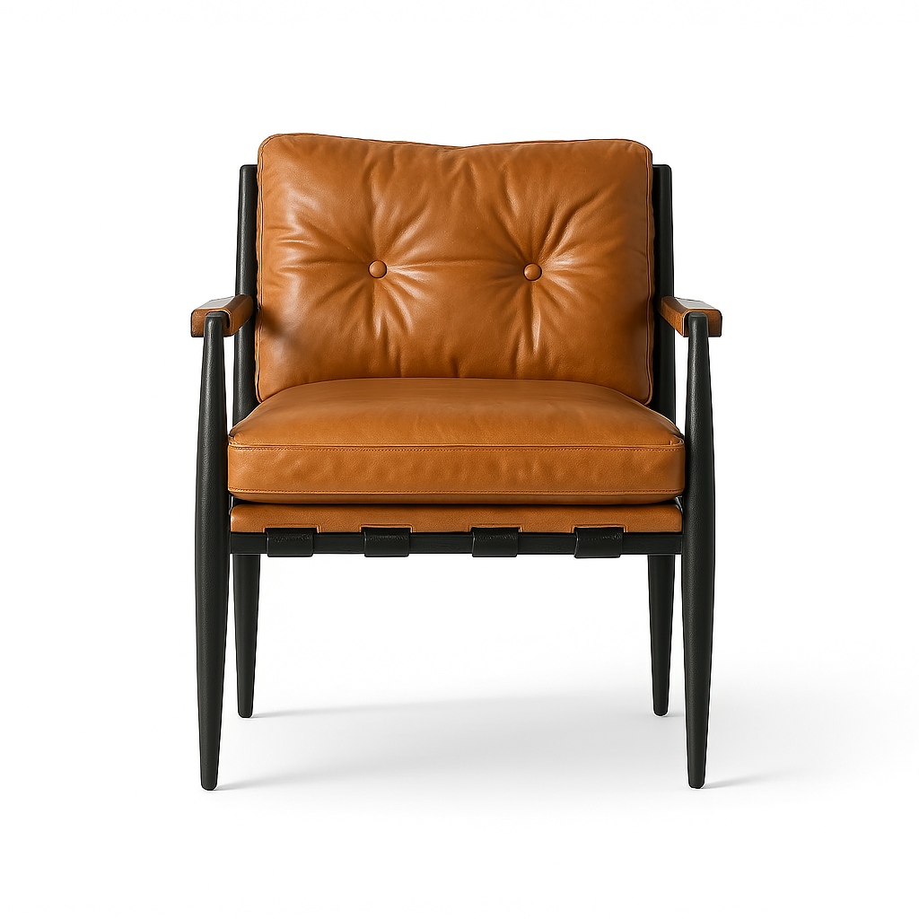Front-facing dining chair upholstered in aged nubuck tan leather with two-button tufted back, cushioned seat and a black wooden frame with tapered legs and teak armrest accents.
