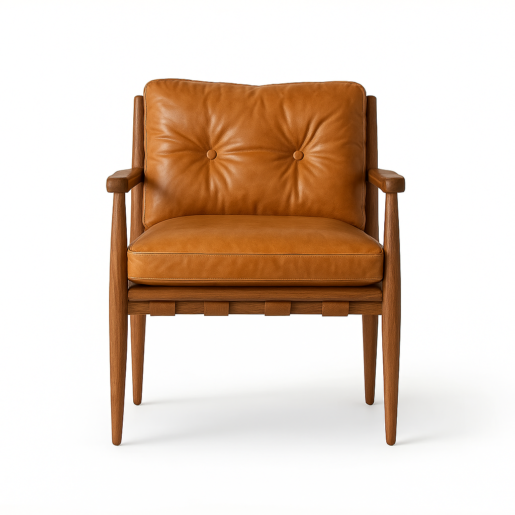 Front view of a mid-century modern dining armchair upholstered in warm tan aged nubuck leather with two-button tufted back, plush seat cushion and walnut tapered wood frame with armrests.