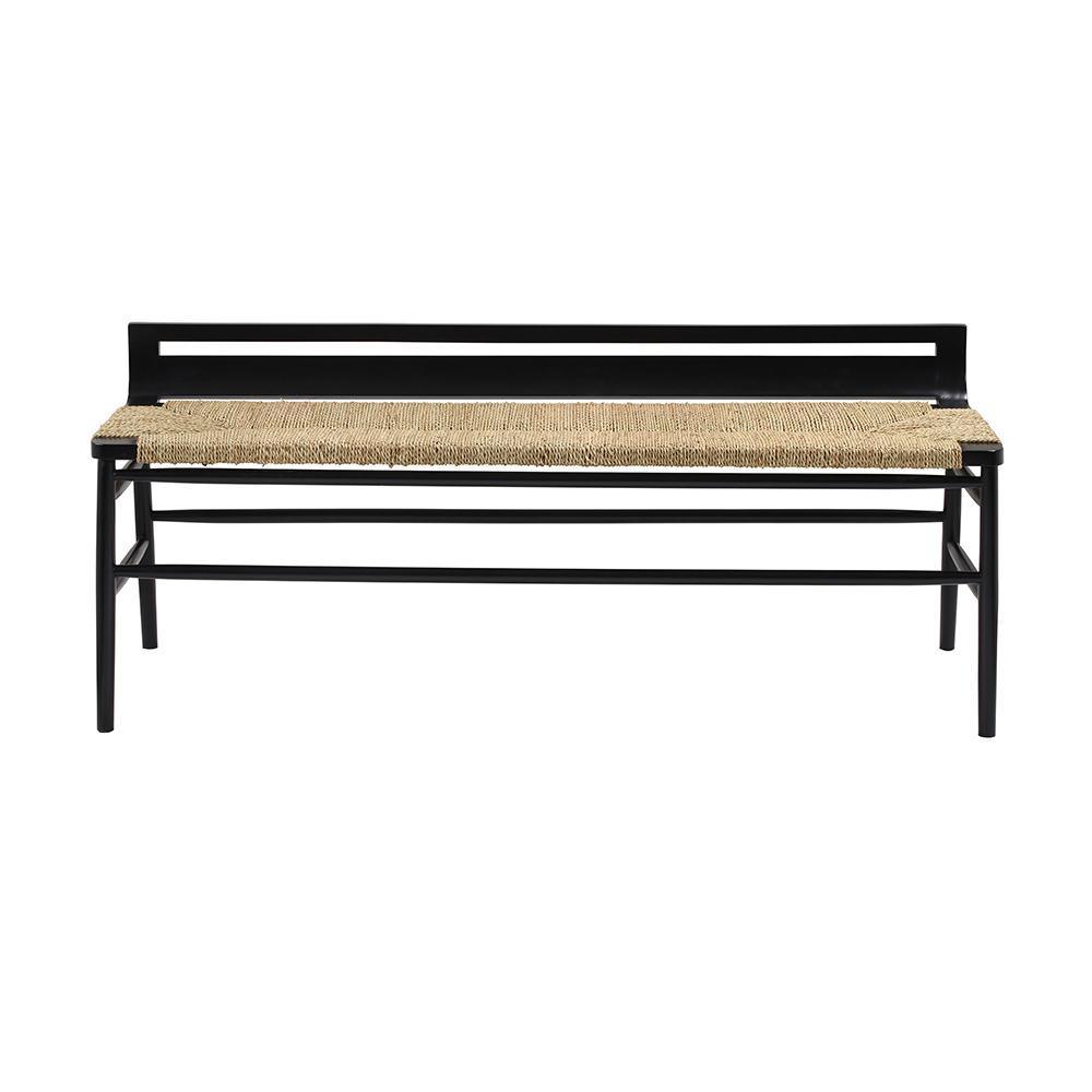 Modern bench with a mahogany blackwash frame and natural woven rope seat, featuring a low slotted backrest, tapered legs and double stretchers for support.