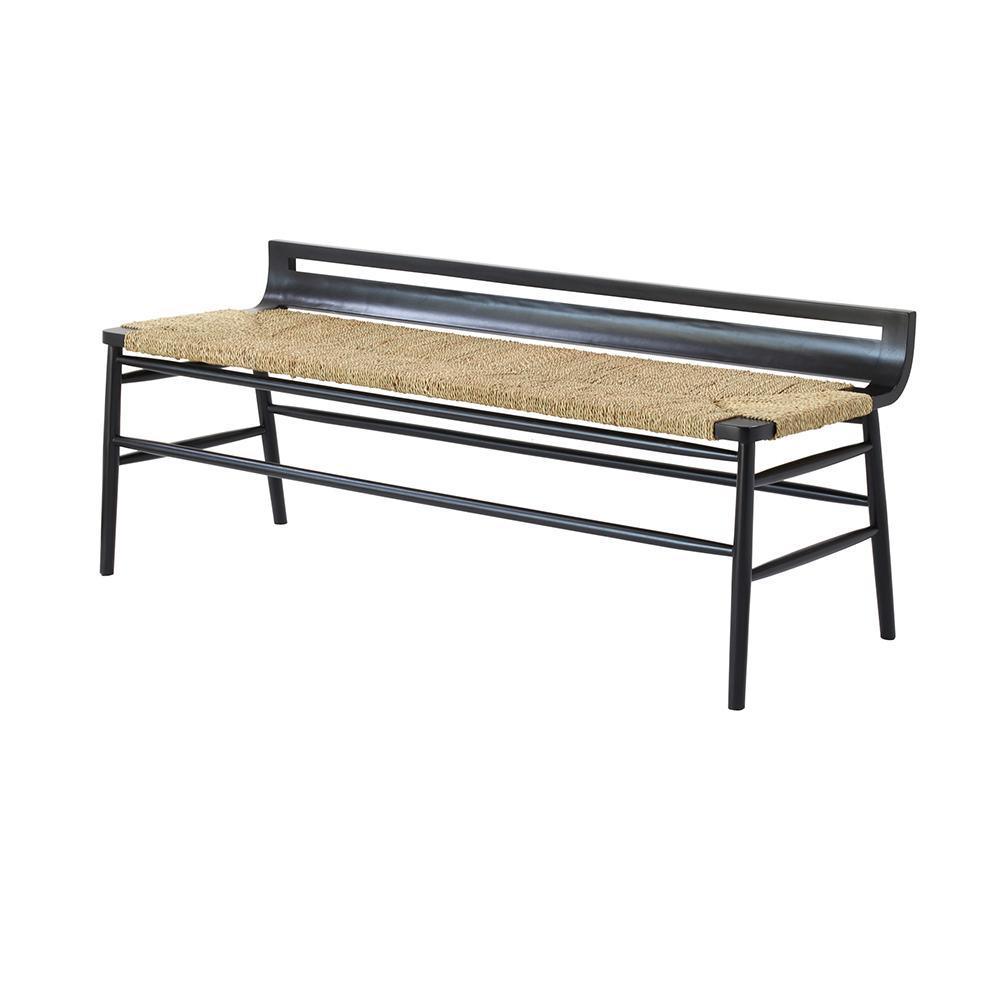 Long modern bench with a woven natural rope seat and mahogany blackwash wood frame, featuring a slim curved backrest with a horizontal cutout and angled legs.