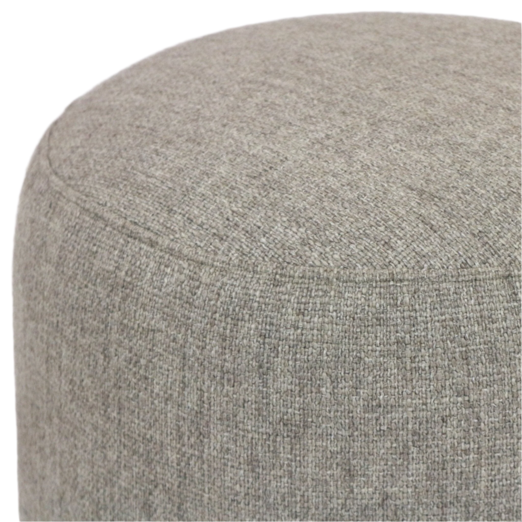 Close-up of a round outdoor ottoman upholstered in light gray textured fabric, showing the curved top, visible seam and woven boucle-like surface detail in a modern neutral finish.