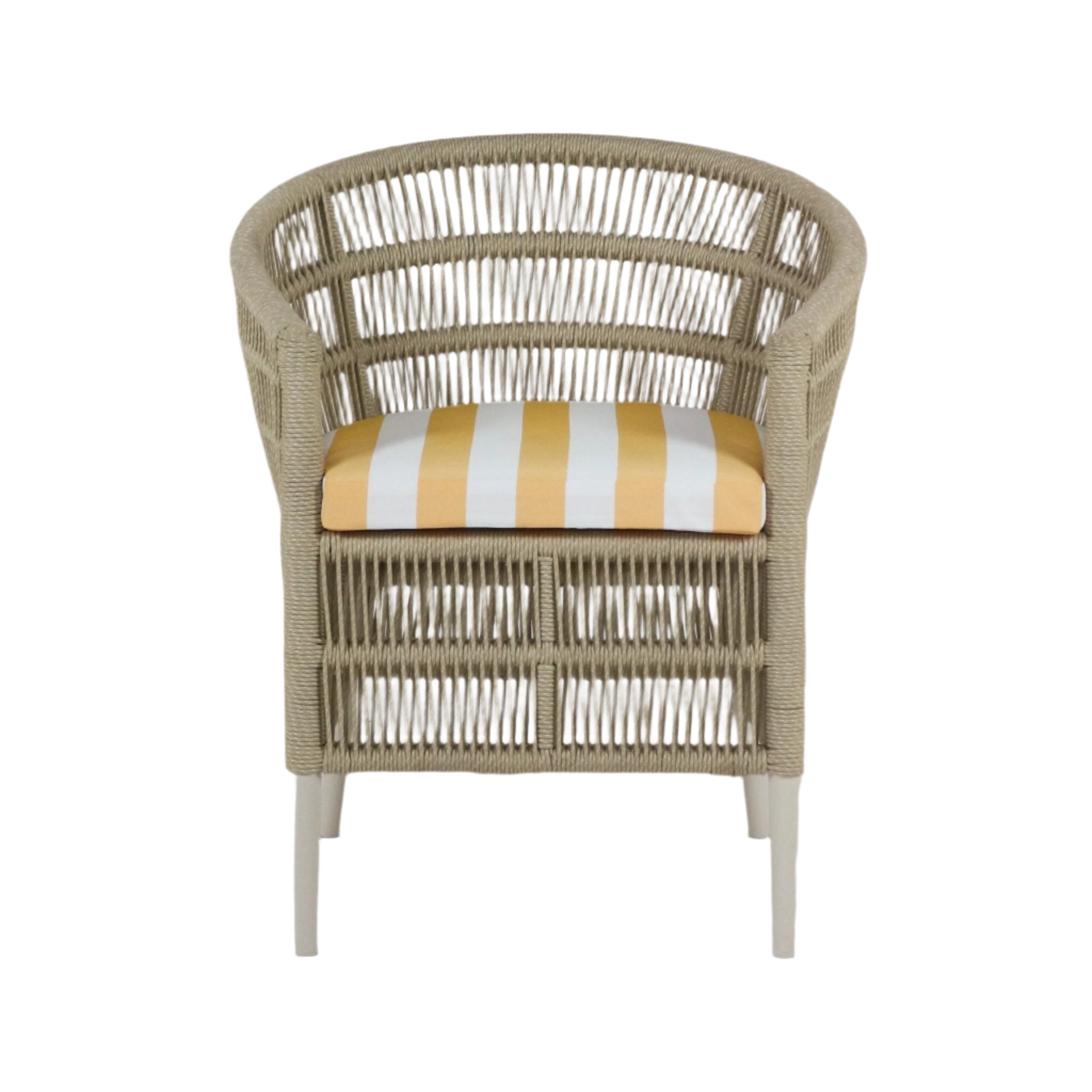 Coastal beige rope-wrapped outdoor patio chair with curved barrel back, white metal legs and a yellow-and-white striped cushioned seat in weather-resistant fabric.